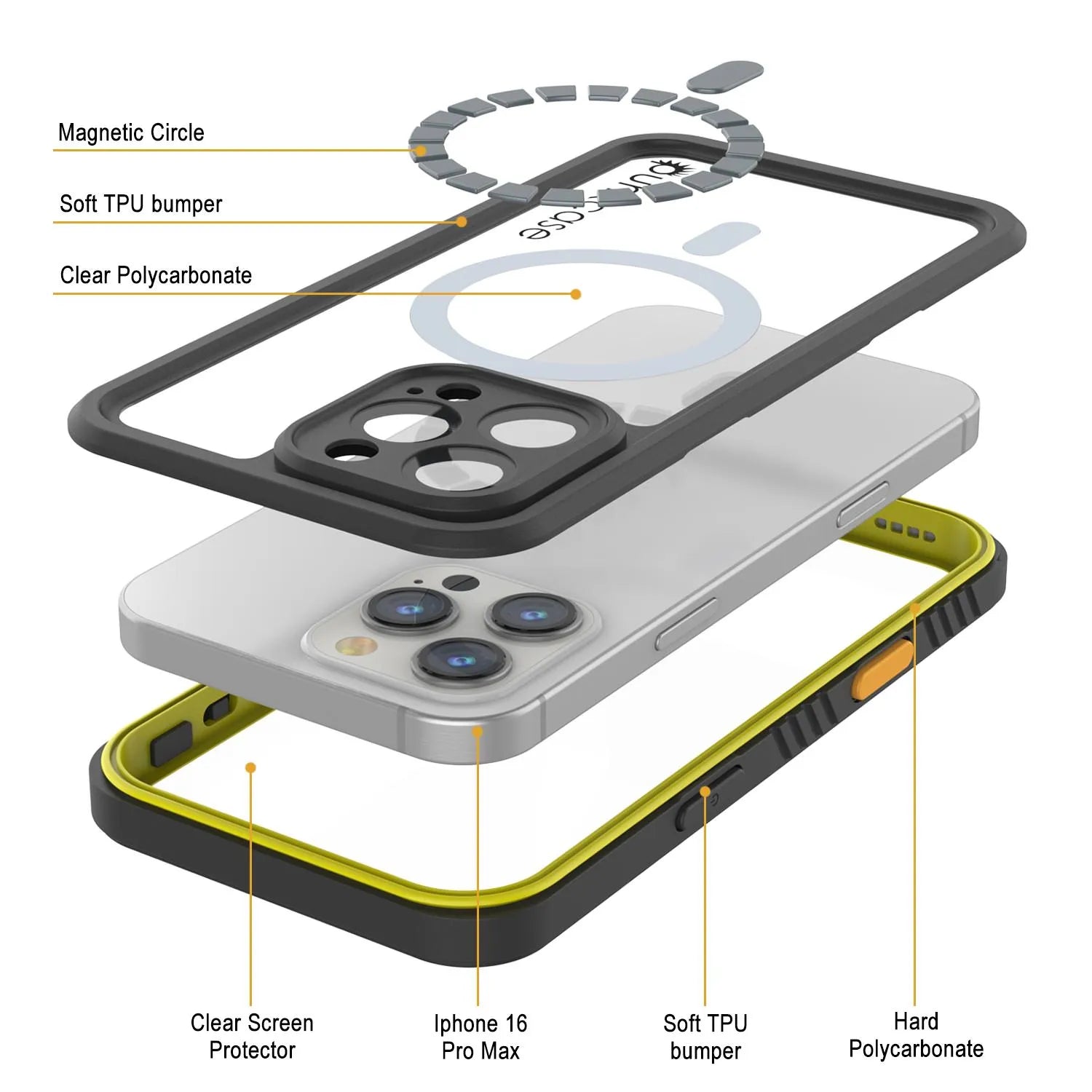 iPhone 16 Pro Max Waterproof Case, Punkcase [Extreme Mag Series] Armor Cover W/ Built In Screen Protector [Yellow]