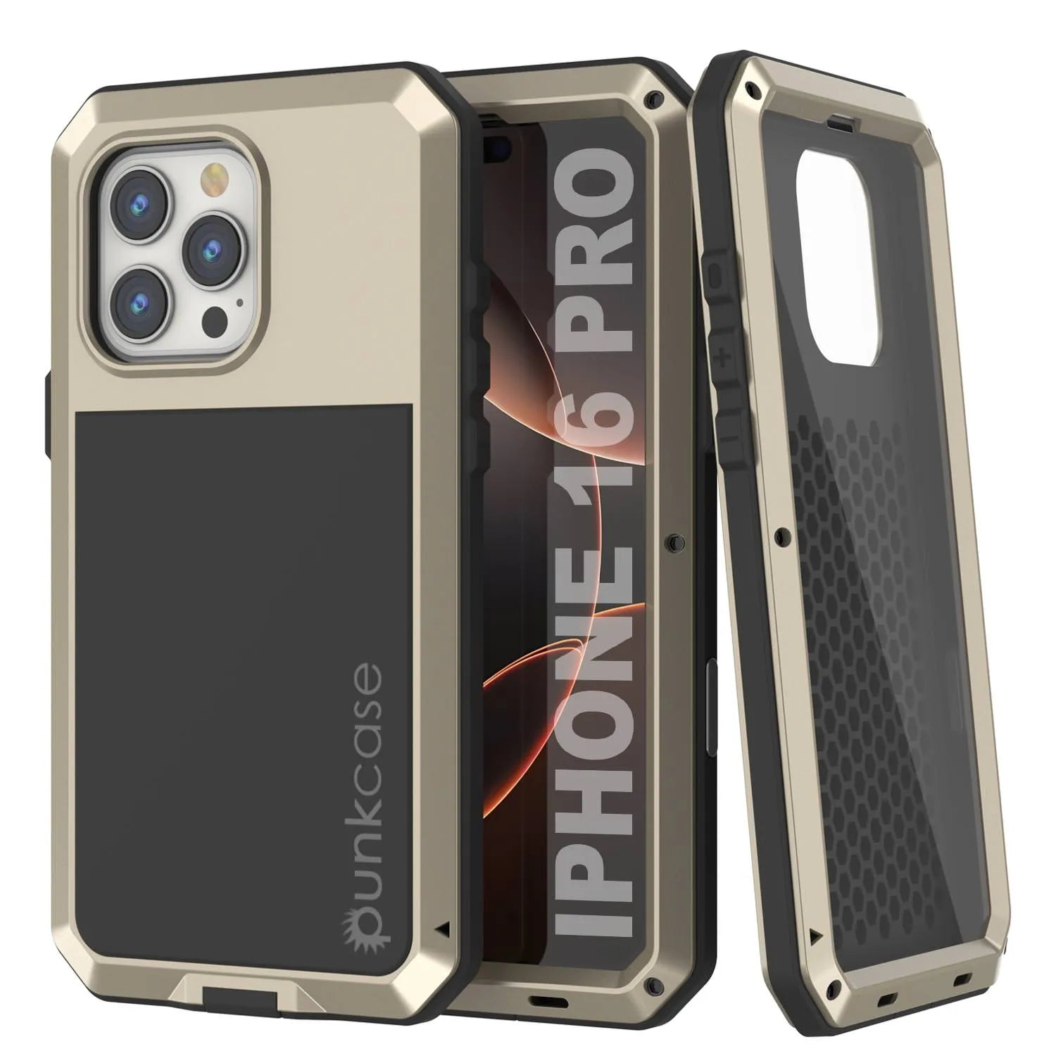 iPhone 16 Pro Metal Case, Heavy Duty Military Grade Armor Cover [shock proof] Full Body Hard [Gold]