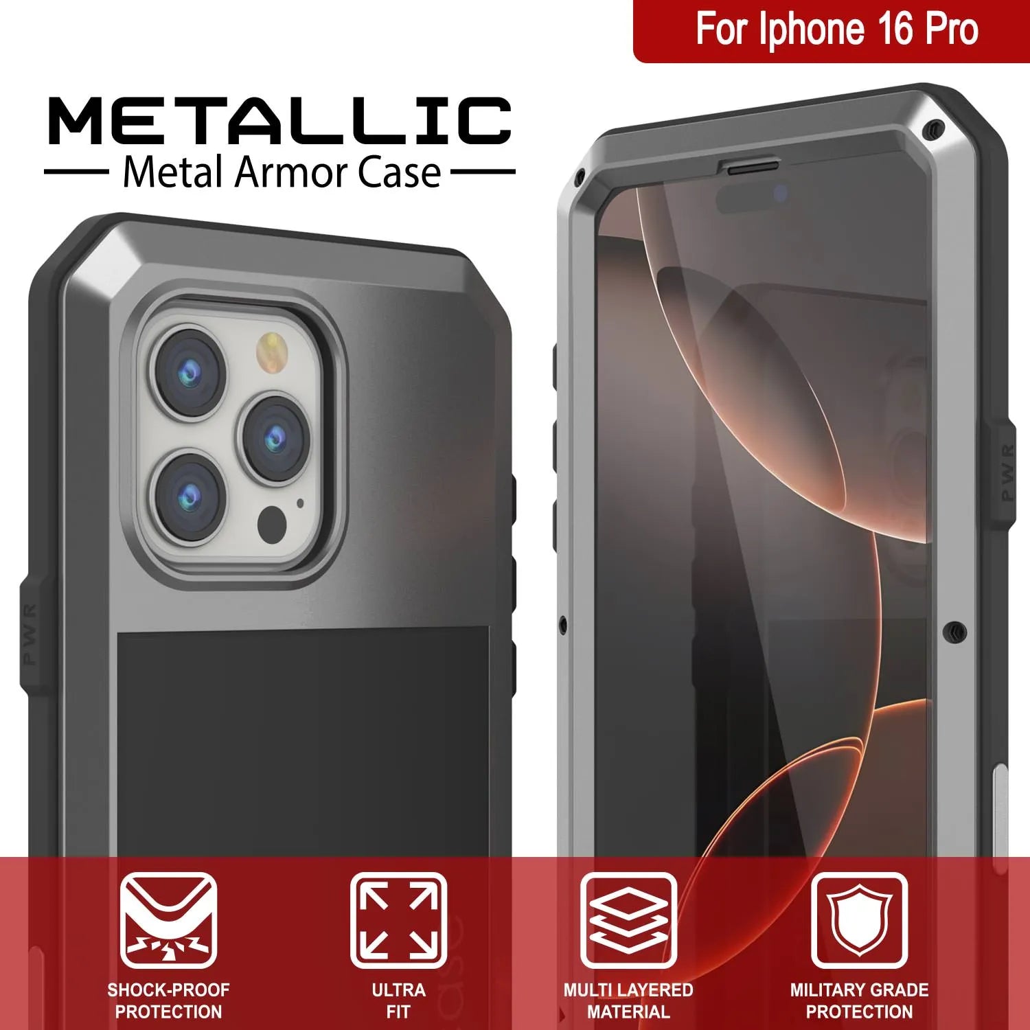 iPhone 16 Pro Metal Case, Heavy Duty Military Grade Armor Cover [shock proof] Full Body Hard [Silver]