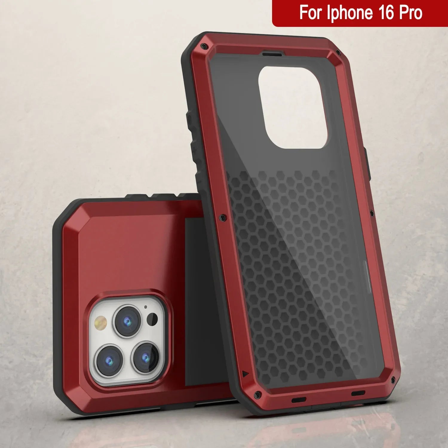 iPhone 16 Pro Metal Case, Heavy Duty Military Grade Armor Cover [shock proof] Full Body Hard [Red]