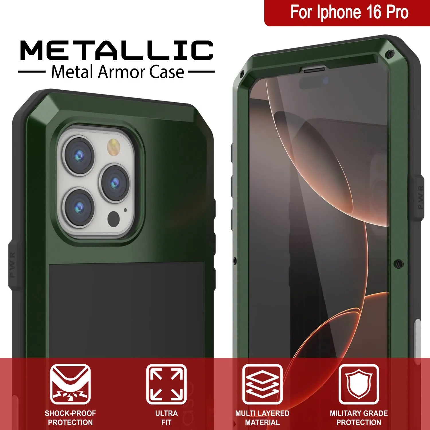 iPhone 16 Pro Metal Case, Heavy Duty Military Grade Armor Cover [shock proof] Full Body Hard [Dark Green]