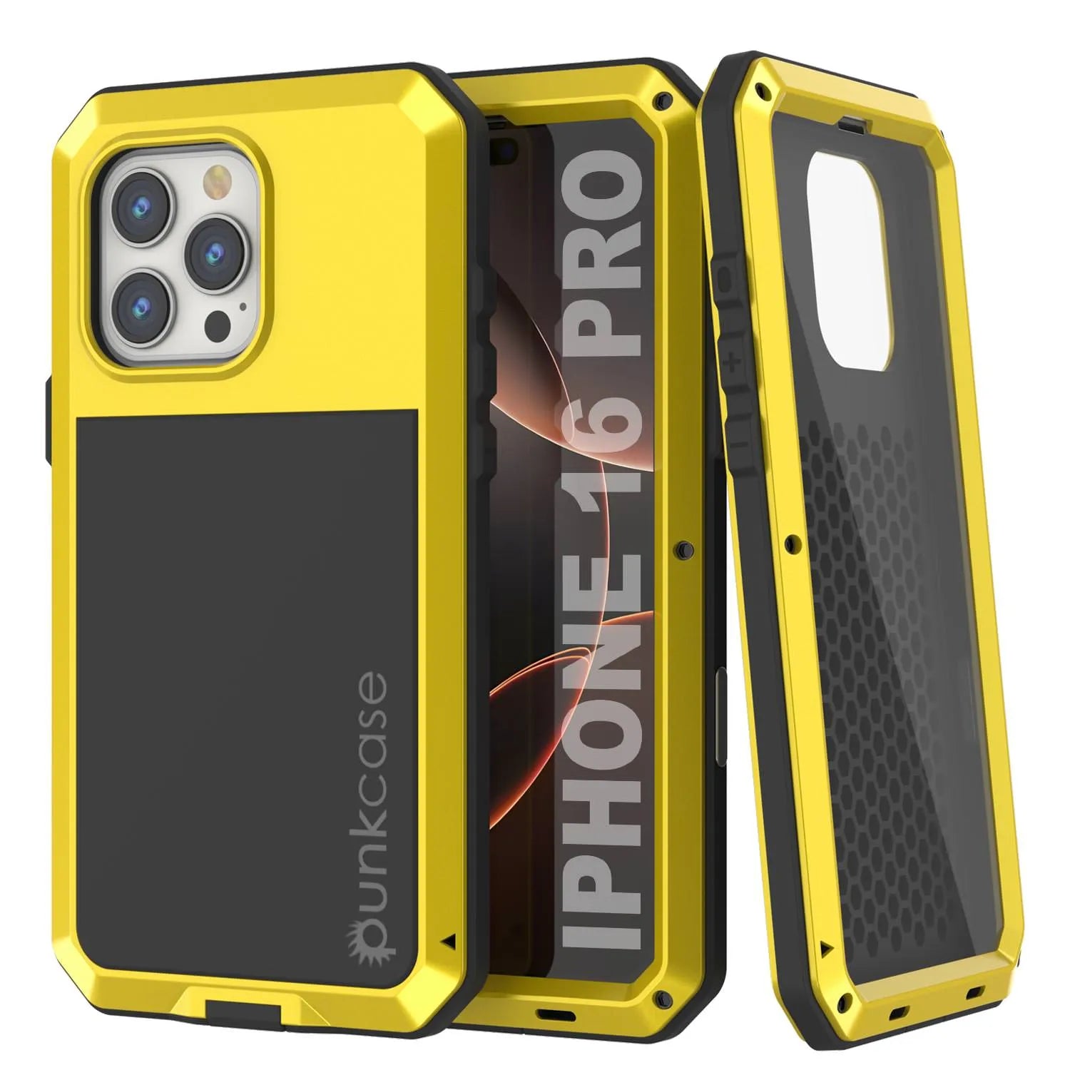 iPhone 16 Pro Metal Case, Heavy Duty Military Grade Armor Cover [shock proof] Full Body Hard [Yellow]