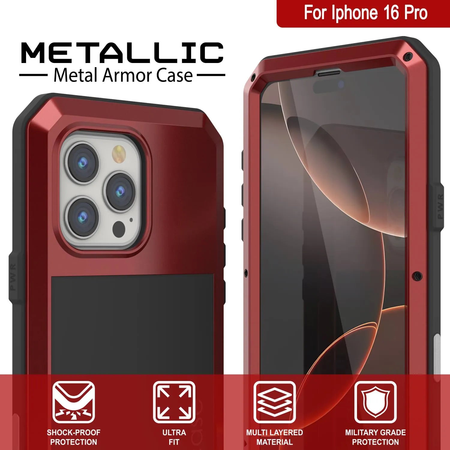 iPhone 16 Pro Metal Case, Heavy Duty Military Grade Armor Cover [shock proof] Full Body Hard [Red]