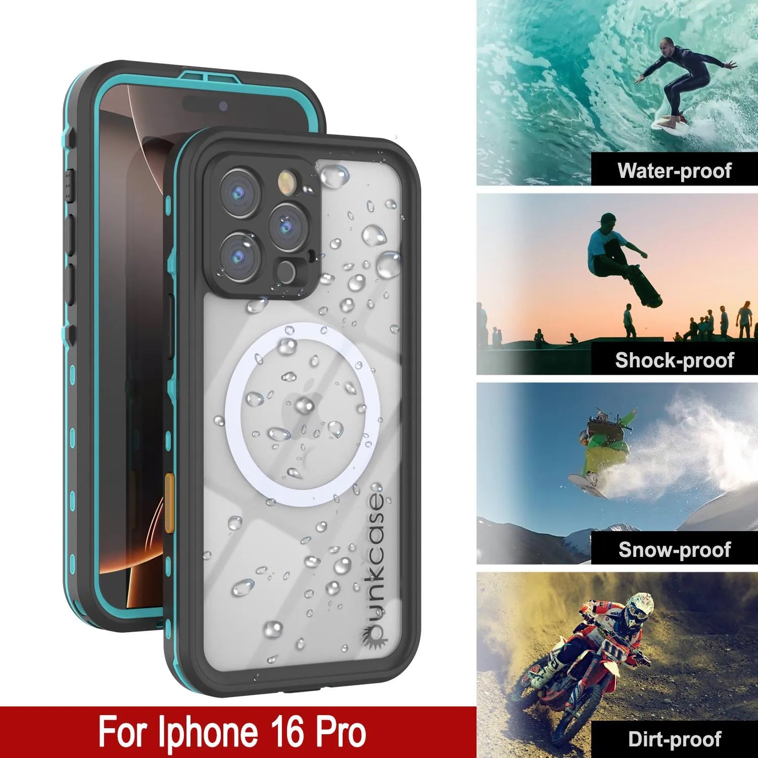 iPhone 16 Pro Waterproof Case, Punkcase SpikeStar Teal Series | Thin Fit 6.6ft Underwater IP68