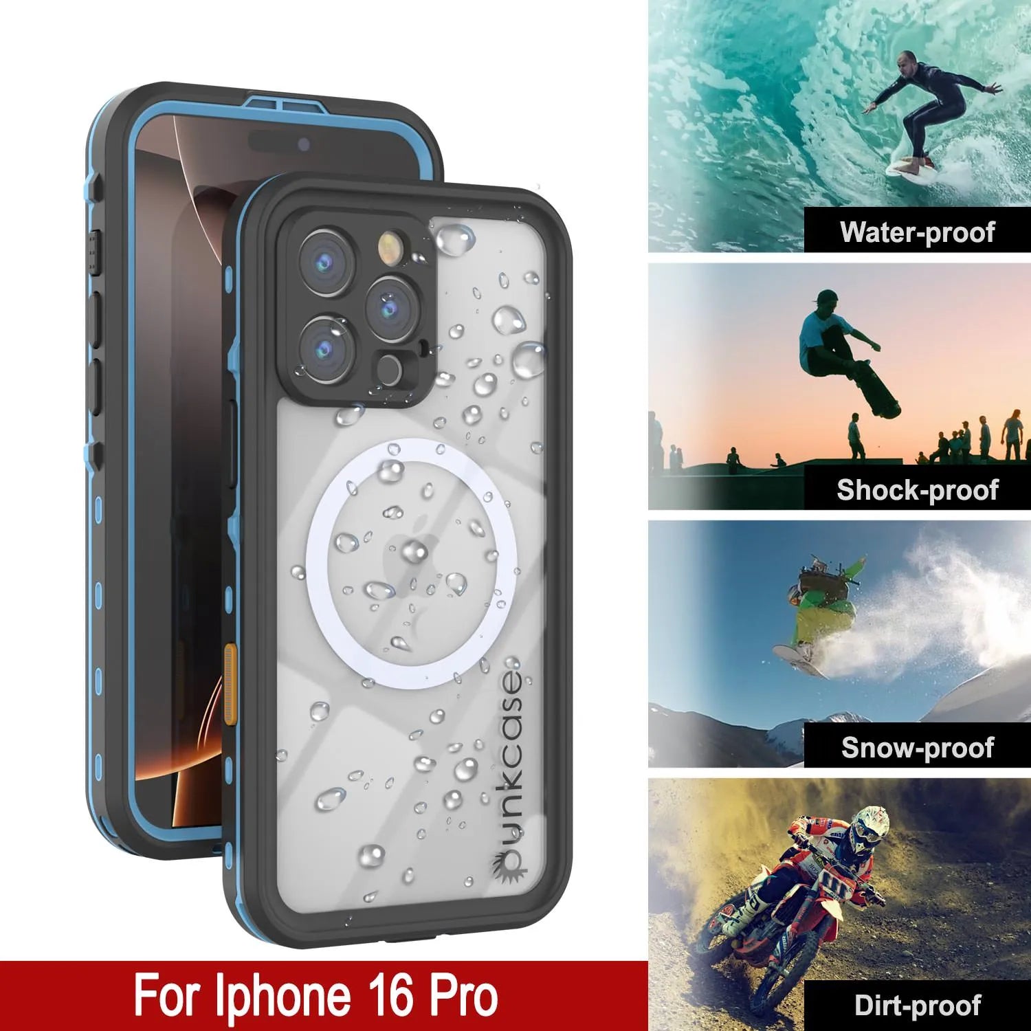 iPhone 16 Pro Waterproof Case, Punkcase SpikeStar Light-Blue Series | Thin Fit 6.6ft Underwater IP68