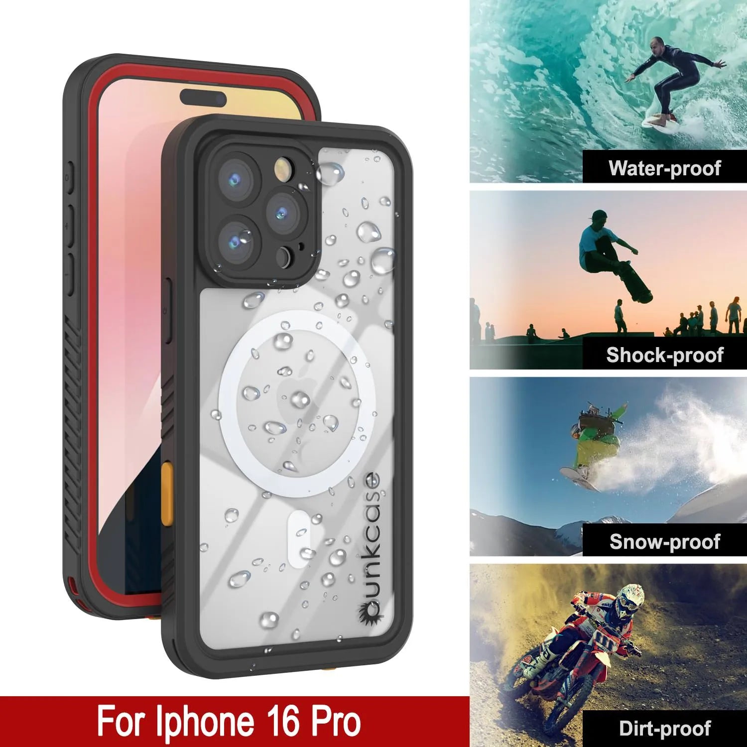 iPhone 16 Pro Waterproof Case, Punkcase [Extreme Mag Series] Armor Cover W/ Built In Screen Protector [Red]