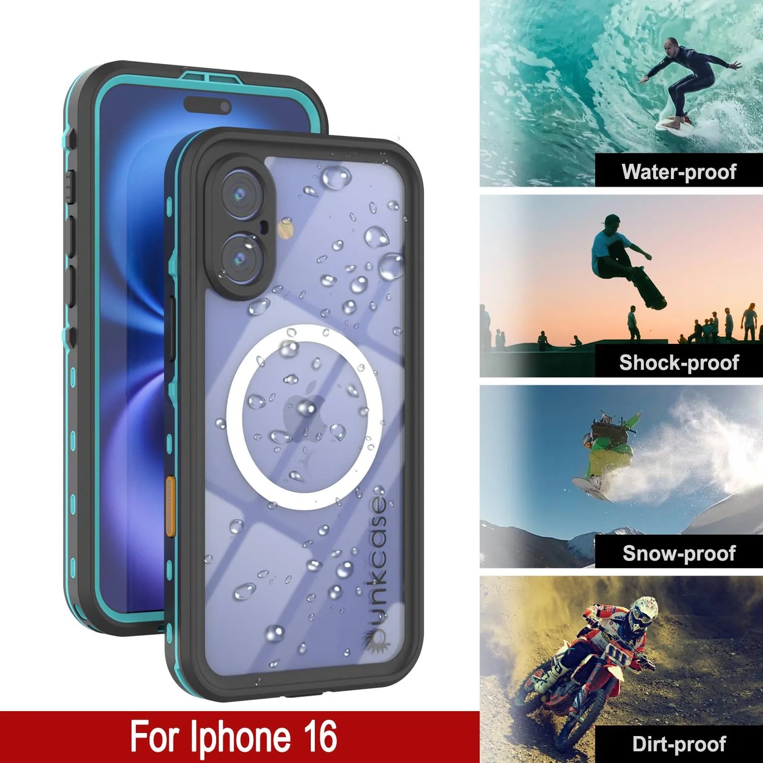 iPhone 16 Waterproof Case, Punkcase SpikeStar Teal Series | Thin Fit 6.6ft Underwater IP68