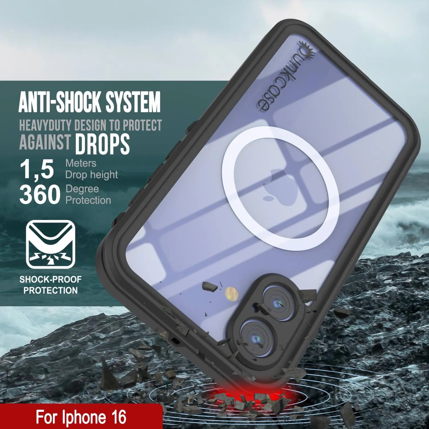 iPhone 16 Waterproof Case, Punkcase SpikeStar Black Series | Thin Fit 6.6ft Underwater IP68