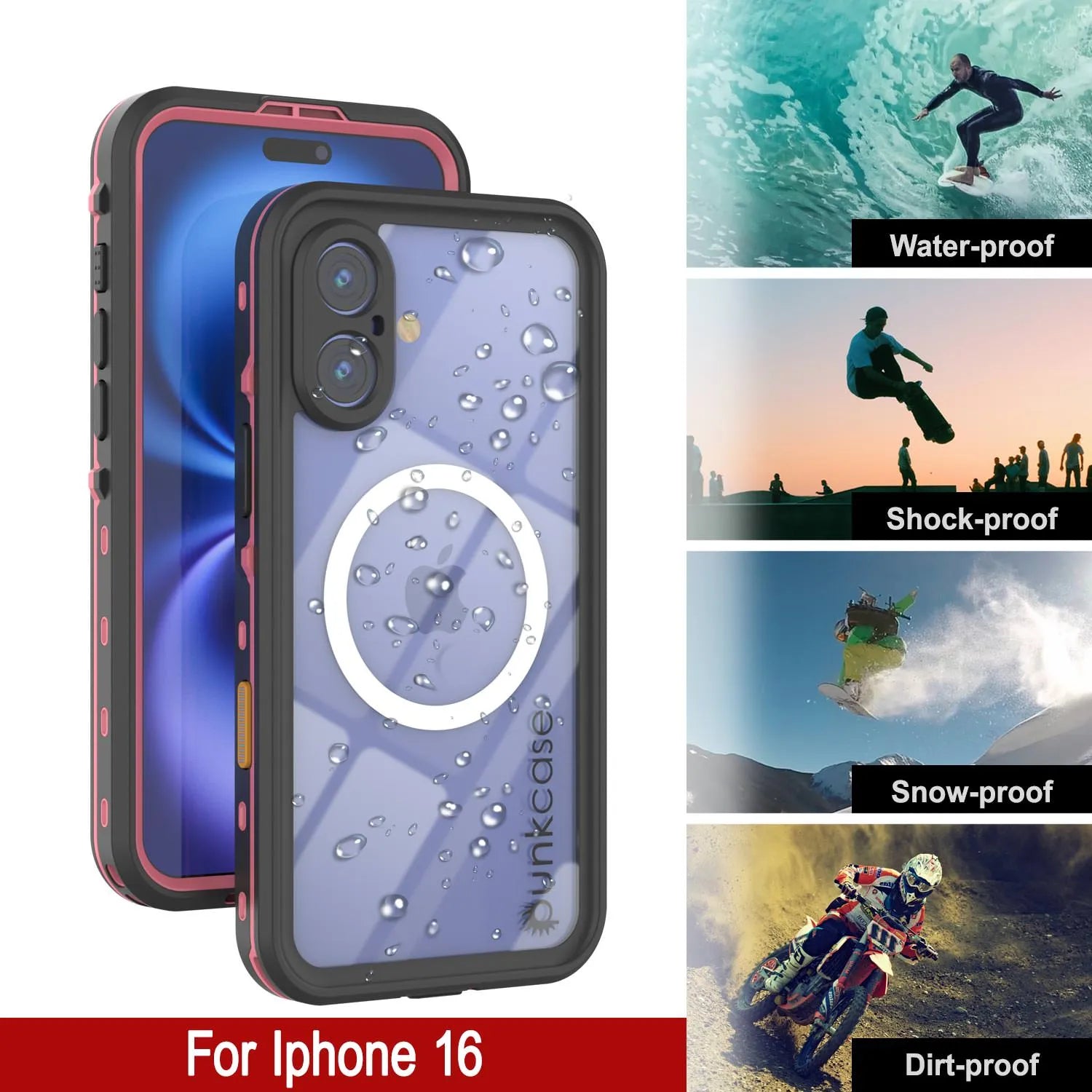 iPhone 16 Waterproof Case, Punkcase SpikeStar Pink Series | Thin Fit 6.6ft Underwater IP68