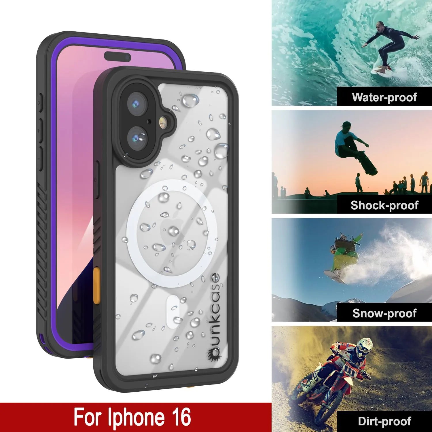 iPhone 16  Waterproof Case, Punkcase [Extreme Mag Series] Armor Cover W/ Built In Screen Protector [Purple]