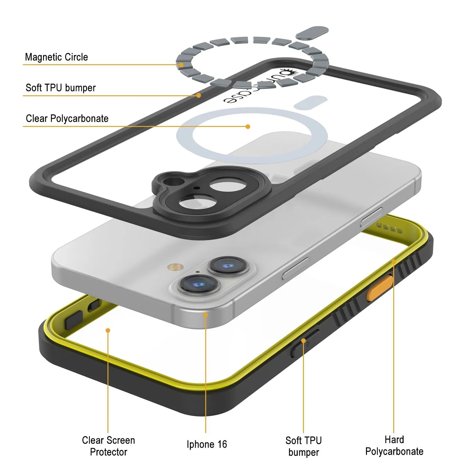 iPhone 16  Waterproof Case, Punkcase [Extreme Mag Series] Armor Cover W/ Built In Screen Protector [Yellow]