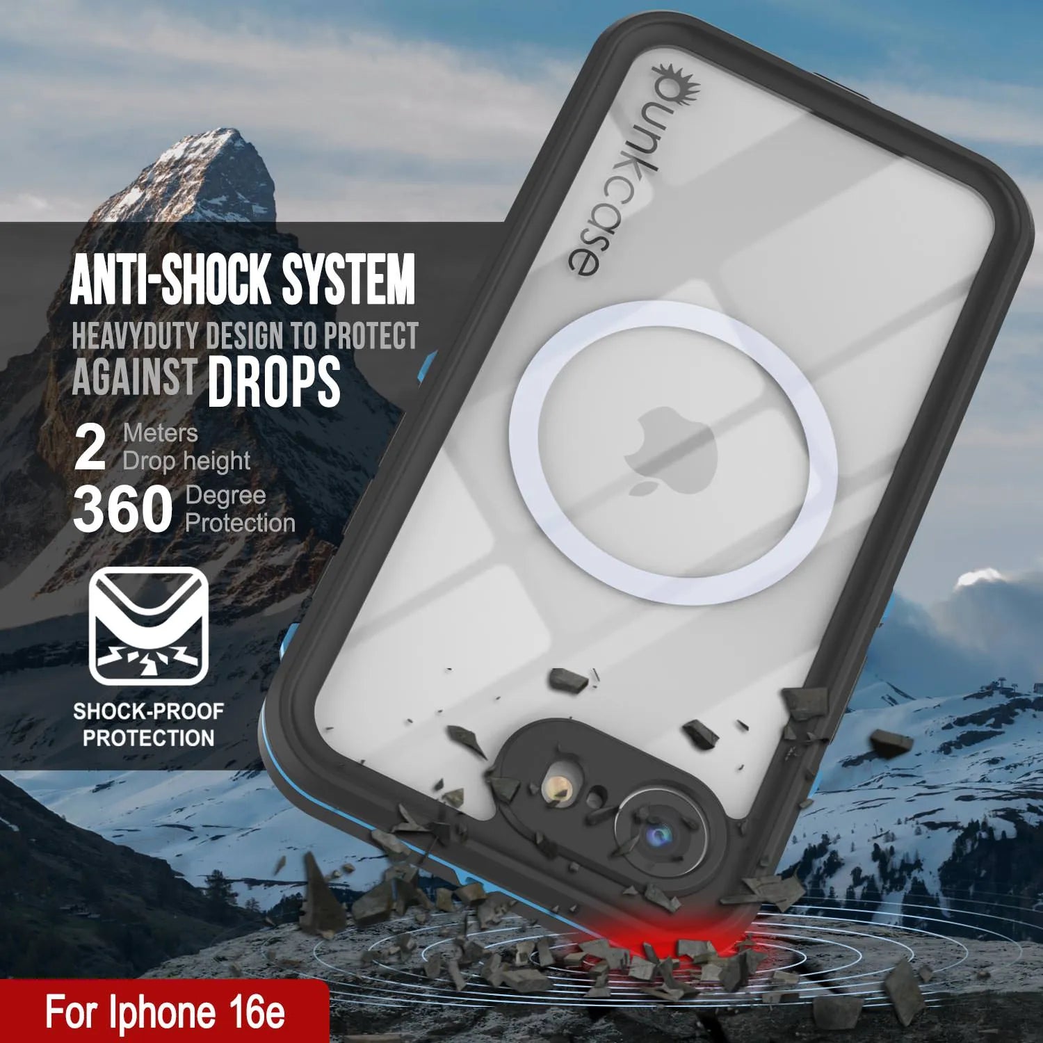 iPhone 16e Waterproof IP68 Case, Punkcase [Light blue] [StudStar Series] [Slim Fit] [Dirtproof]