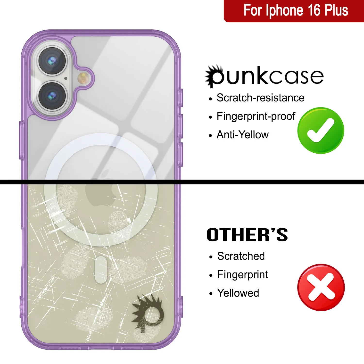 Punkcase iPhone 16 Plus Magnetic Wireless Charging Case [ClearMag Series][Purple]