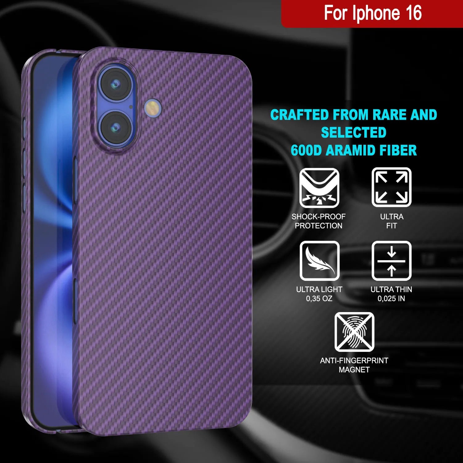 Punkcase iPhone 16 Carbon Fiber Case [AramidShield Series] Ultra Slim & Light Kevlar [Purple]