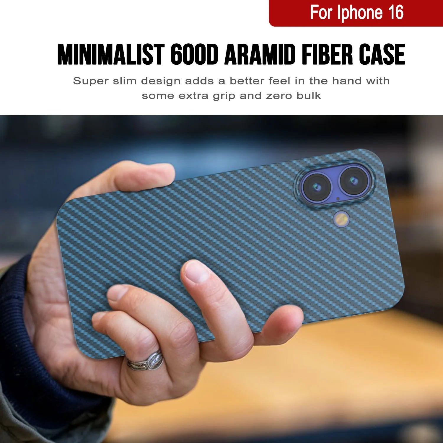 Punkcase iPhone 16 Carbon Fiber Case [AramidShield Series] Ultra Slim & Light Kevlar [Blue]