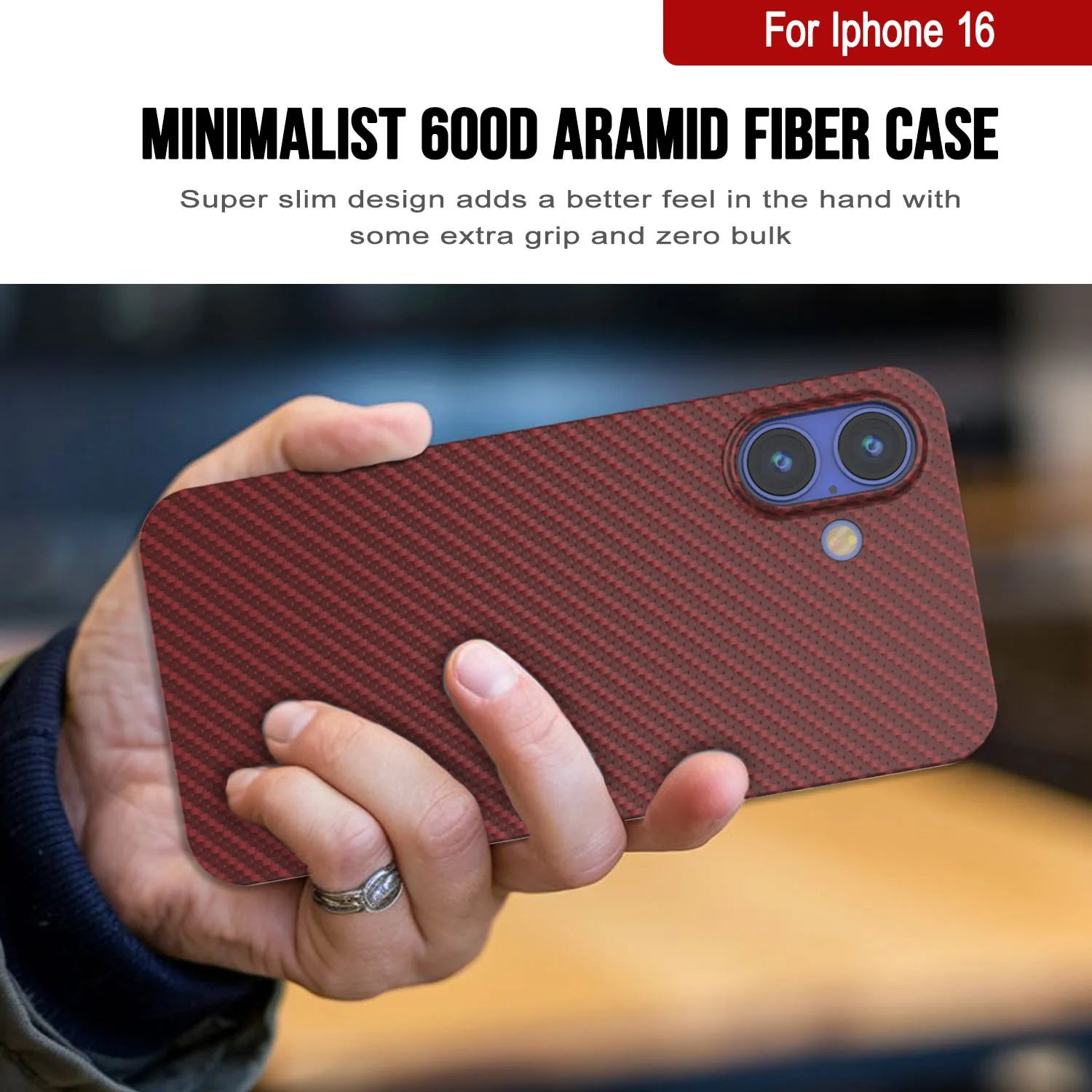 Punkcase iPhone 16 Carbon Fiber Case [AramidShield Series] Ultra Slim & Light Kevlar [Red]