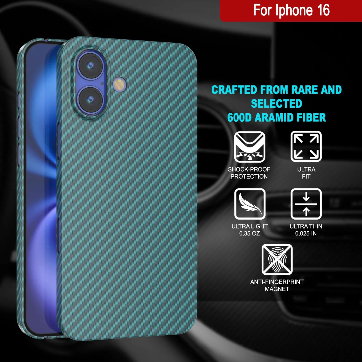 Punkcase iPhone 16 Carbon Fiber Case [AramidShield Series] Ultra Slim & Light Kevlar [Teal]