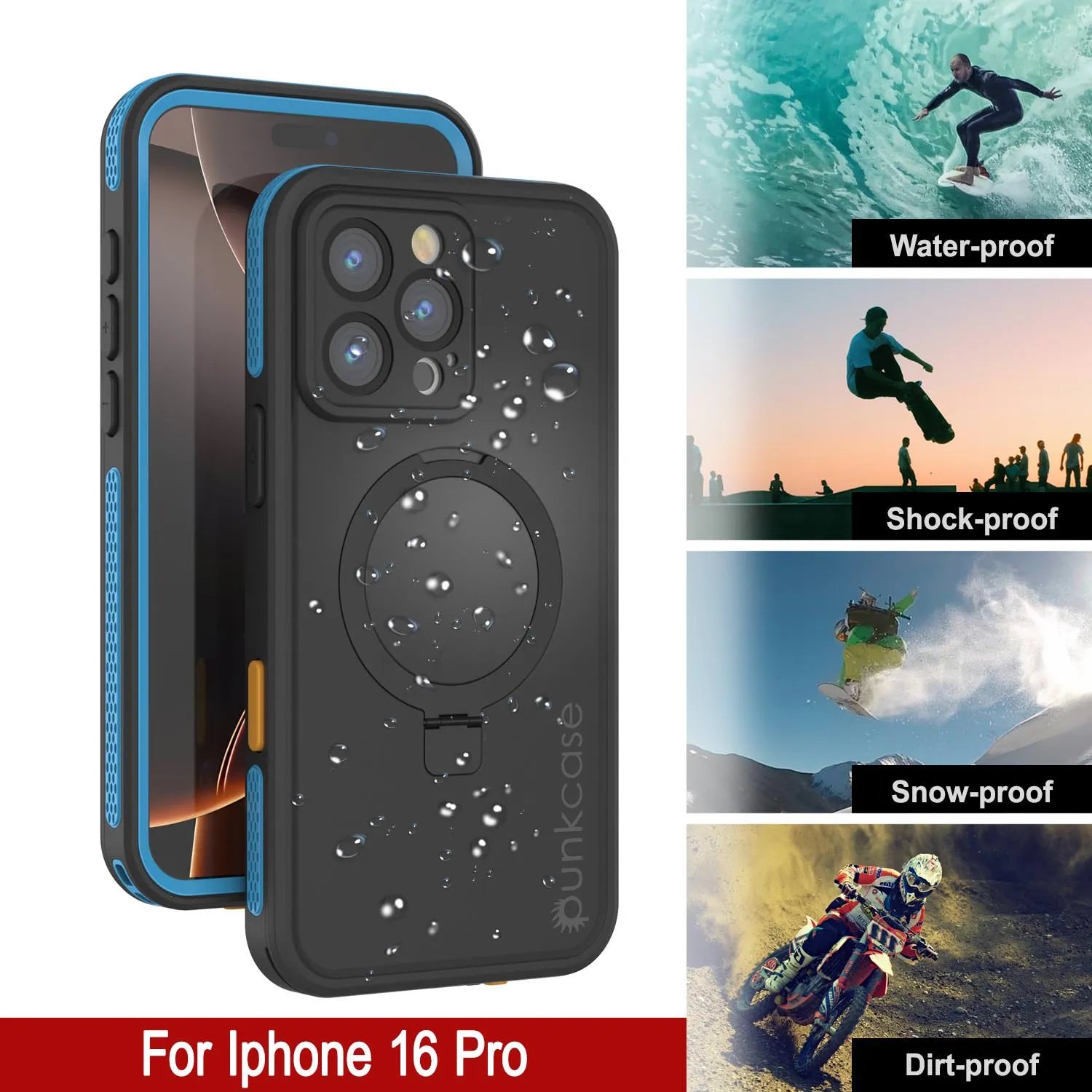 iPhone 16 pro Waterproof Case [Kickstud 2.0 Series] Protective IP68 Cover W/Screen Protector & Kickstand [Blue]