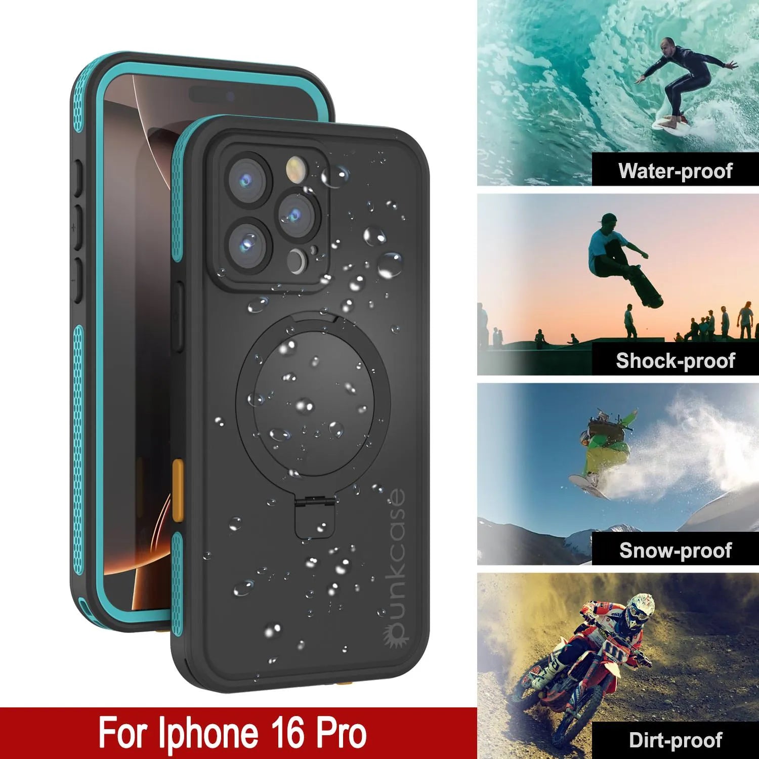 iPhone 16 pro Waterproof Case [Kickstud 2.0 Series] Protective IP68 Cover W/Screen Protector & Kickstand [Teal]