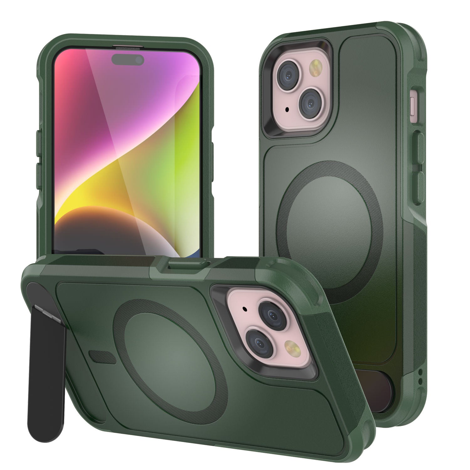 PunkCase iPhone 13 Case, [Spartan X Series] Rugged Heavy Duty Cover W/Kickstand+MagRing [dark green]