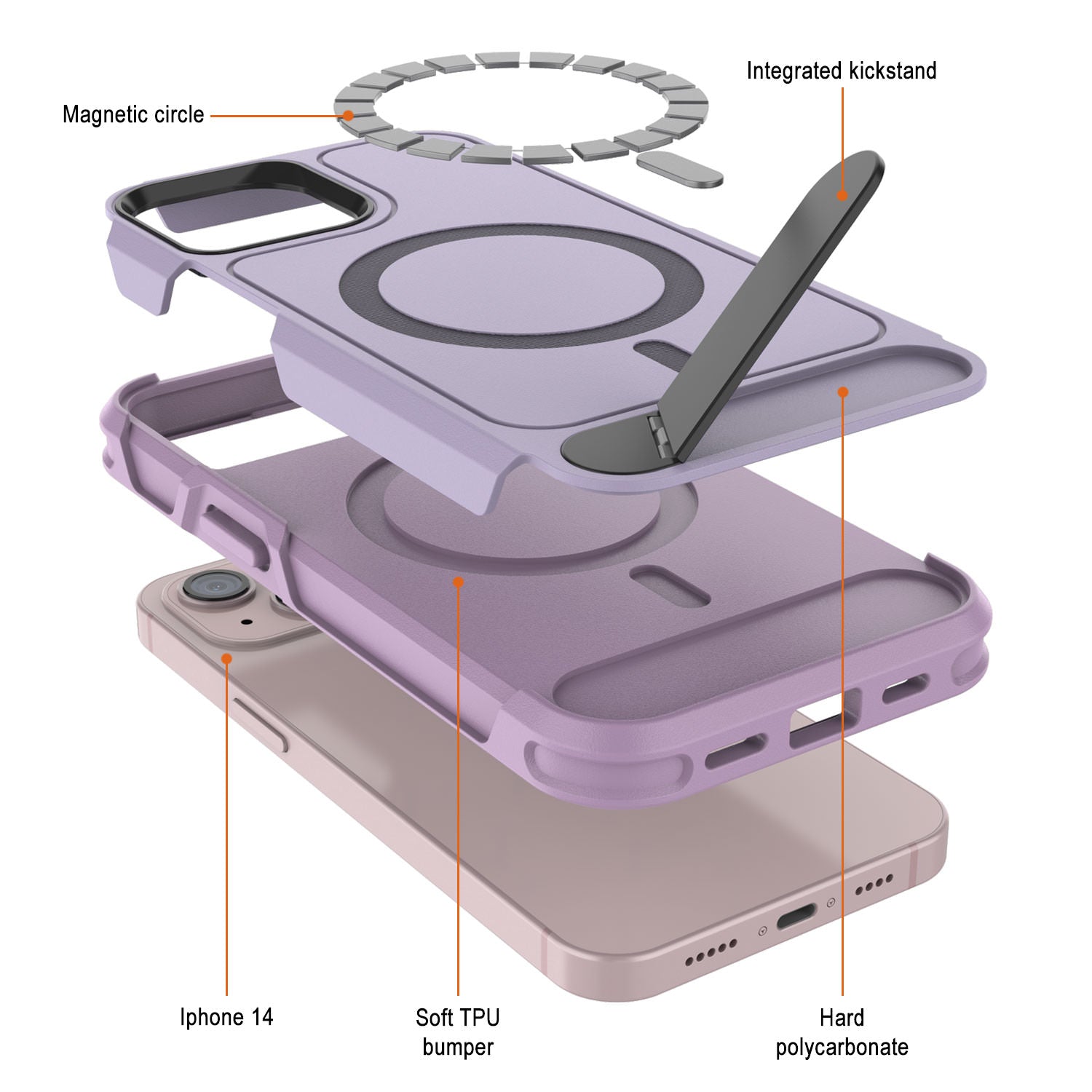 PunkCase iPhone 14 Case, [Spartan X Series] Rugged Heavy Duty Cover W/Kickstand+MagRing [lilac]