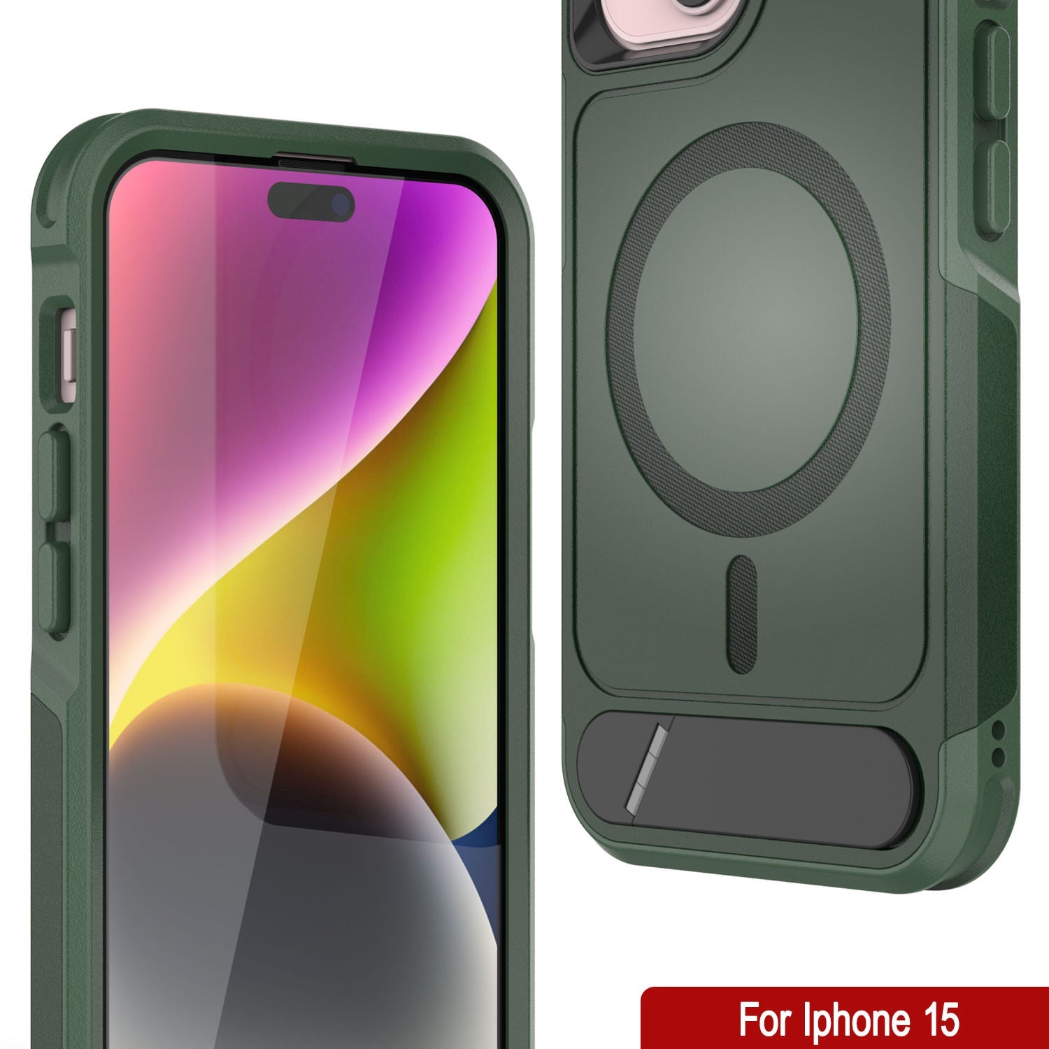 PunkCase iPhone 15 Case, [Spartan X Series] Rugged Heavy Duty Cover W/Kickstand+MagRing [dark green]