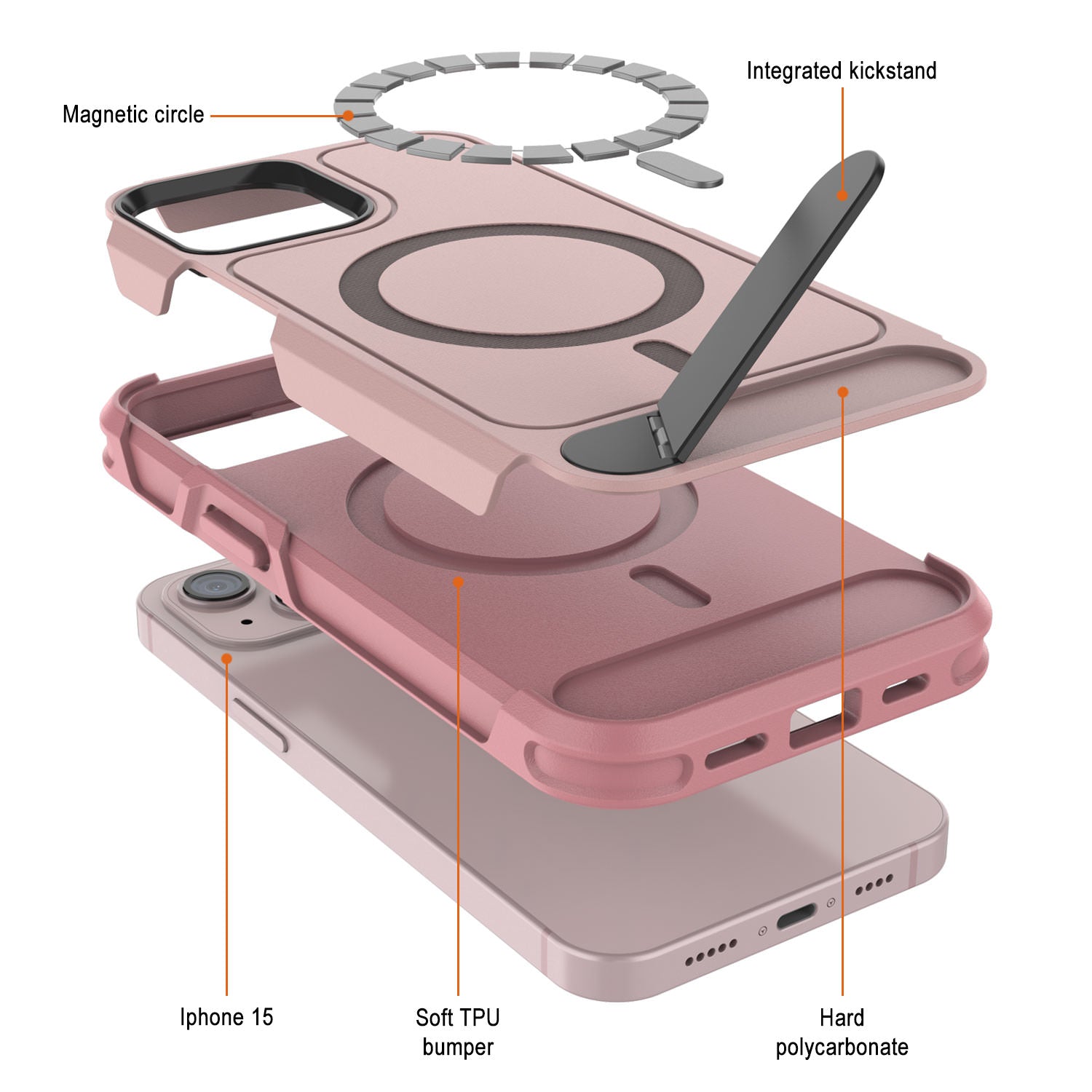 PunkCase iPhone 15 Case, [Spartan X Series] Rugged Heavy Duty Cover W/Kickstand+MagRing [pink]