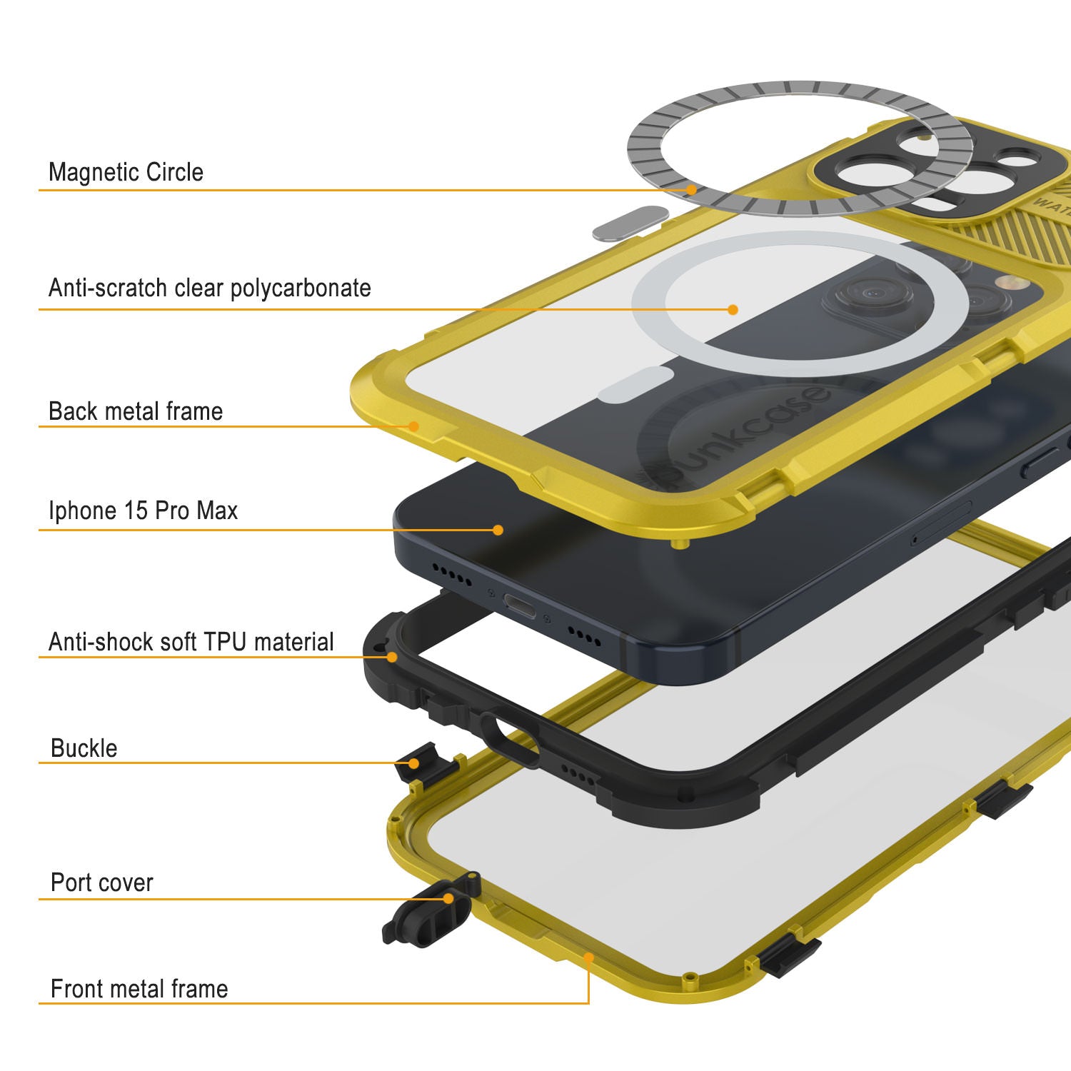 iPhone 16 Pro Max Metal Extreme 2.0 Series Aluminum Waterproof Case IP68 W/Buillt in Screen Protector [Yellow]