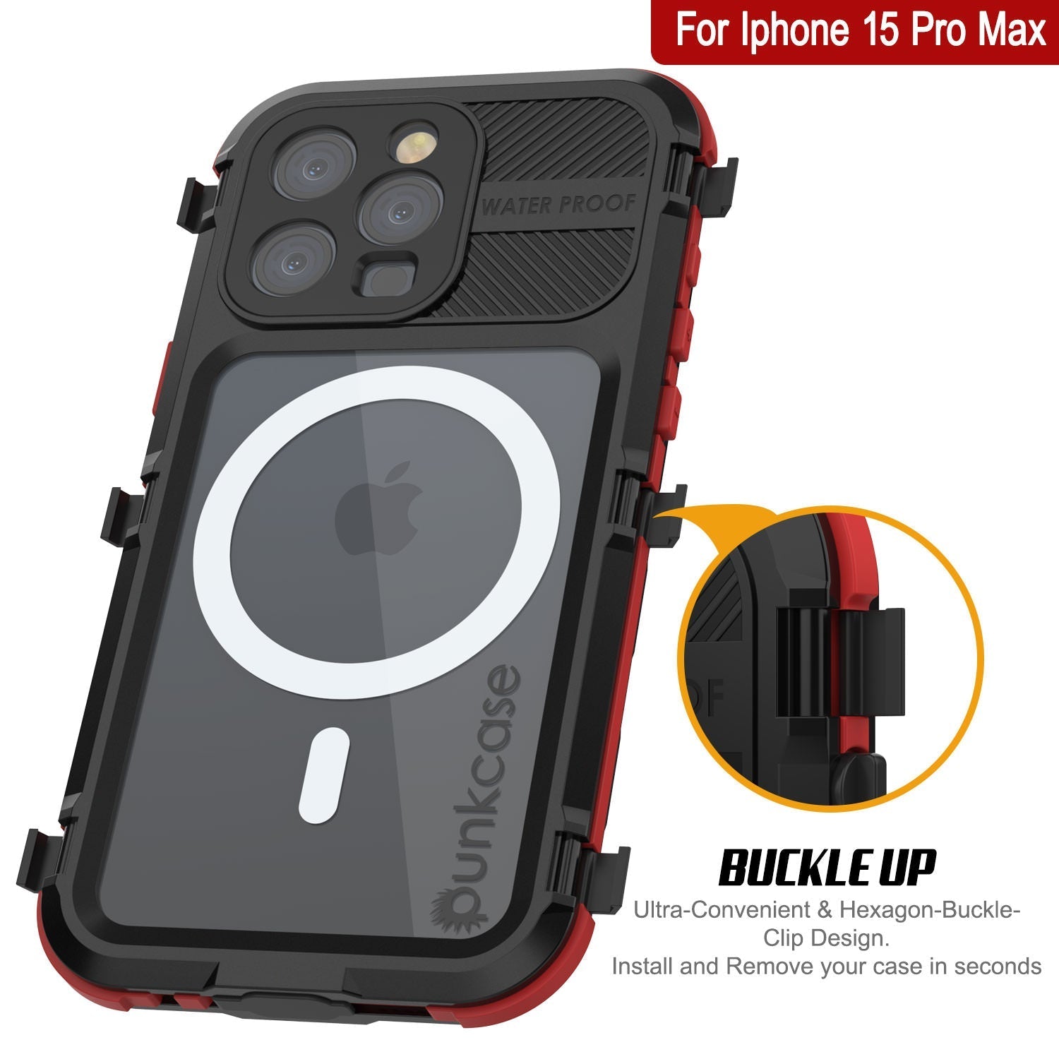 iPhone 16 Pro Max Metal Extreme 2.0 Series Aluminum Waterproof Case IP68 W/Buillt in Screen Protector [Black-Red]