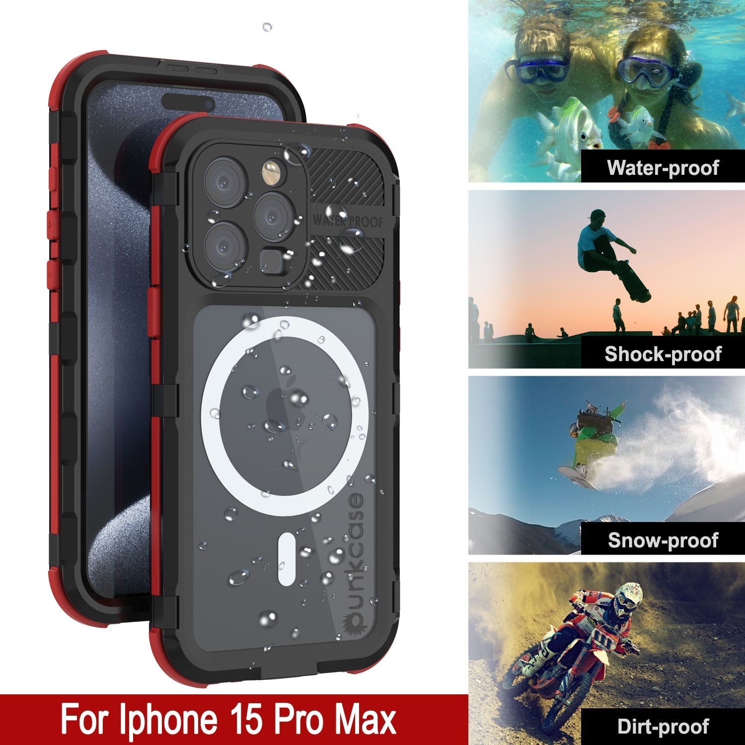 iPhone 16 Pro Max Metal Extreme 2.0 Series Aluminum Waterproof Case IP68 W/Buillt in Screen Protector [Black-Red]