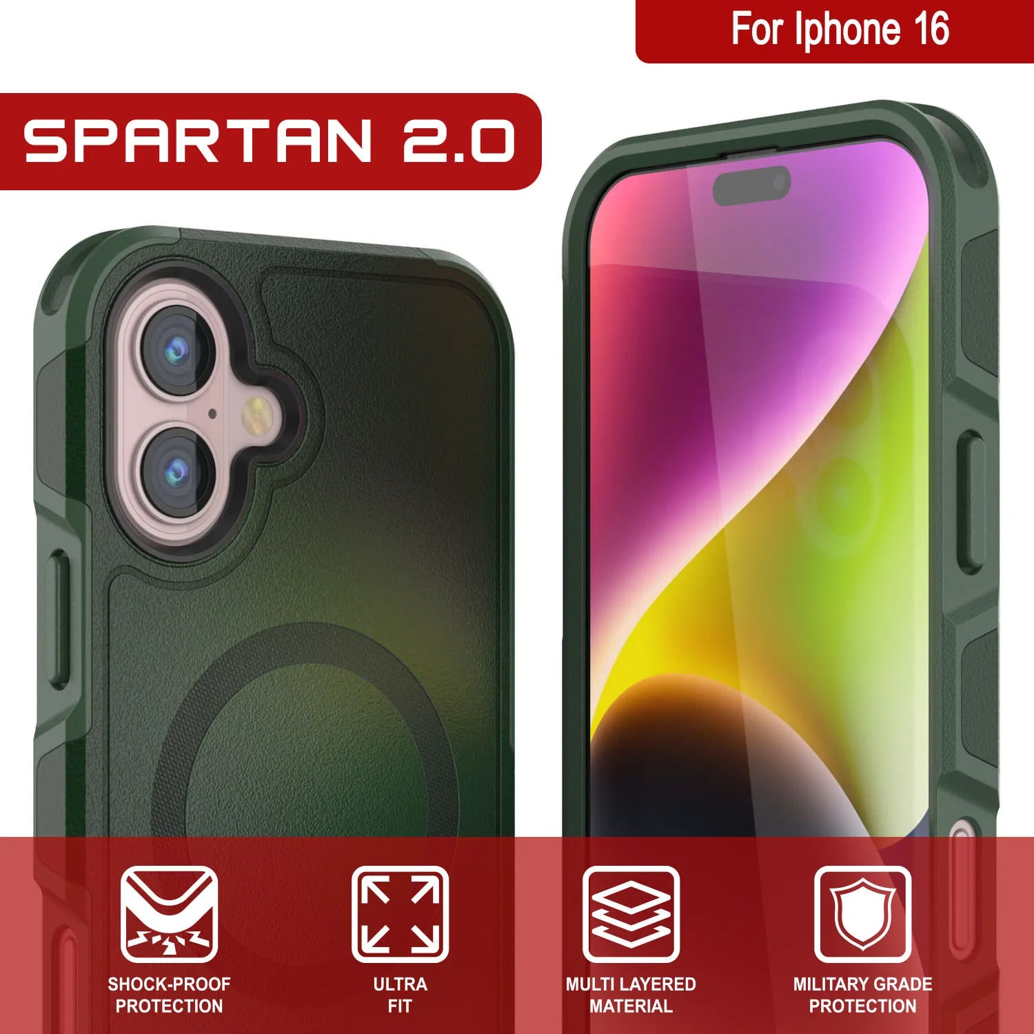 PunkCase iPhone 16 Case, [Spartan 2.0 Series] Clear Rugged Heavy Duty Cover W/Built in Screen Protector [dark green]