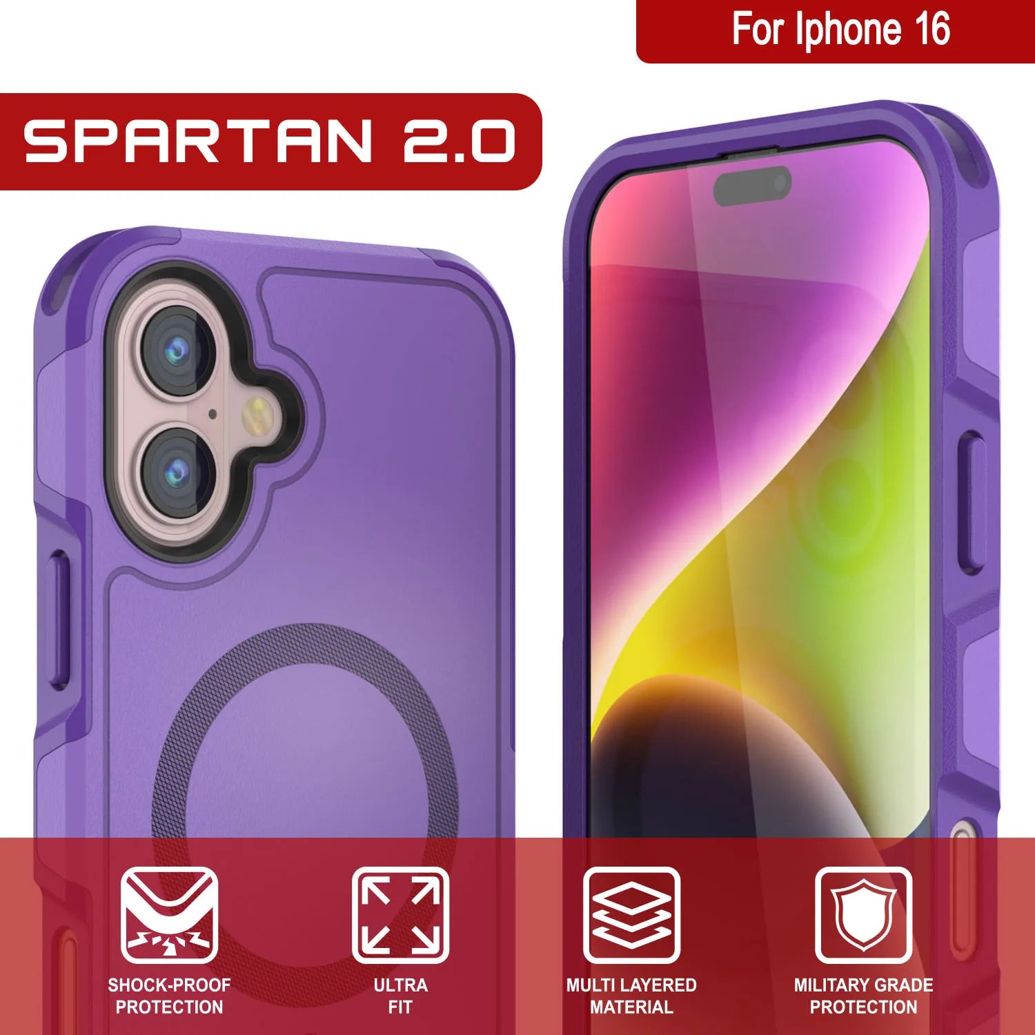 PunkCase iPhone 16 Case, [Spartan 2.0 Series] Clear Rugged Heavy Duty Cover W/Built in Screen Protector [purple]