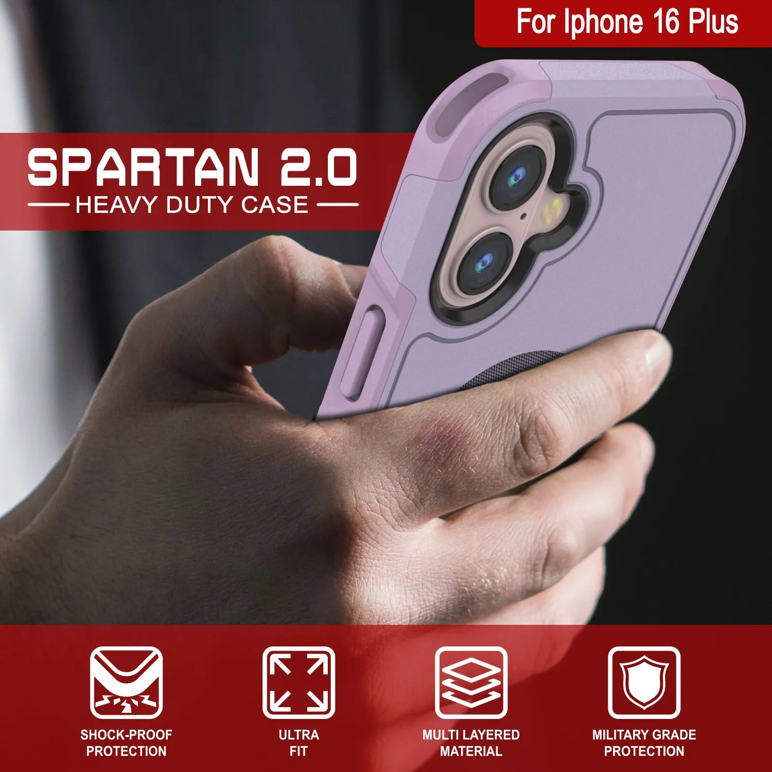 PunkCase iPhone 16 Plus Case, [Spartan 2.0 Series] Clear Rugged Heavy Duty Cover W/Built in Screen Protector [lilac]