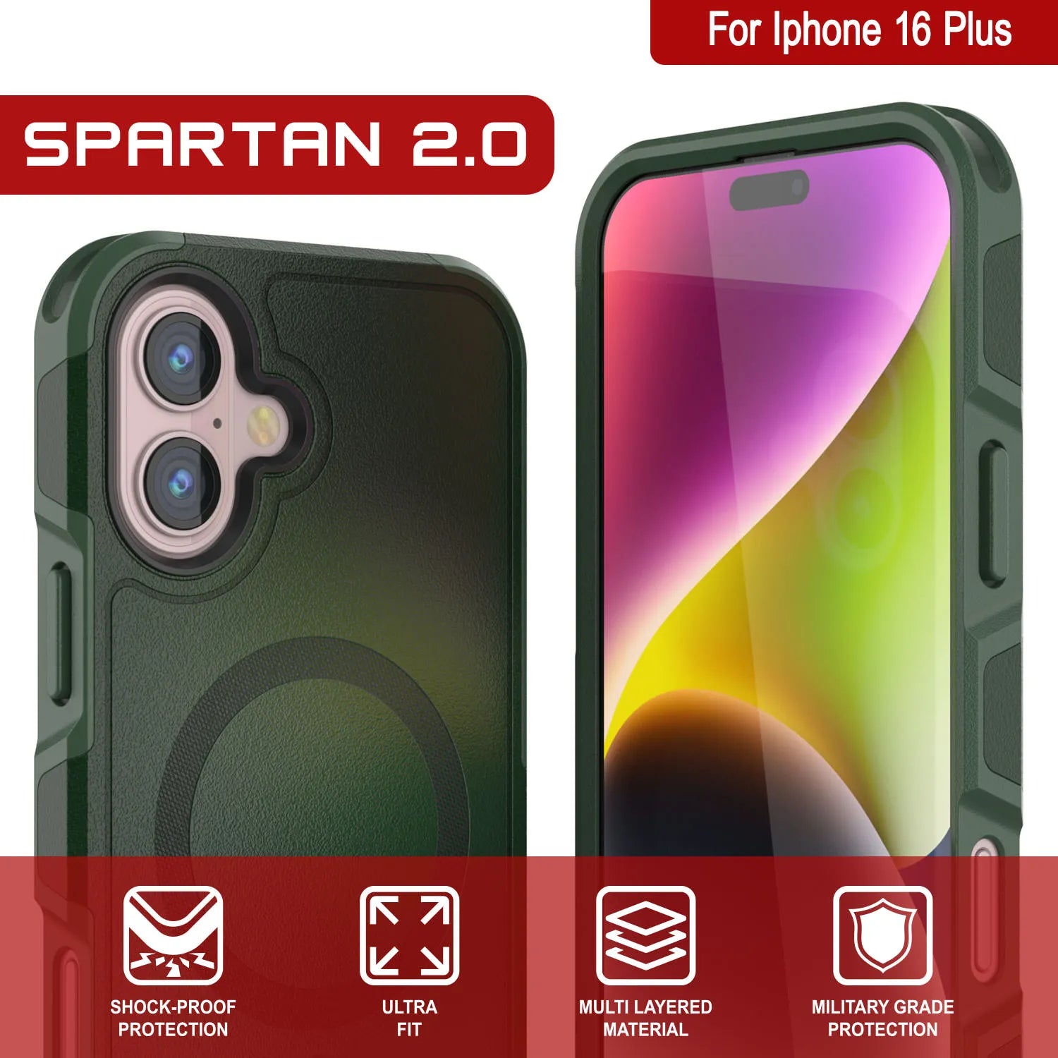 PunkCase iPhone 16 Plus Case, [Spartan 2.0 Series] Clear Rugged Heavy Duty Cover W/Built in Screen Protector [dark green]