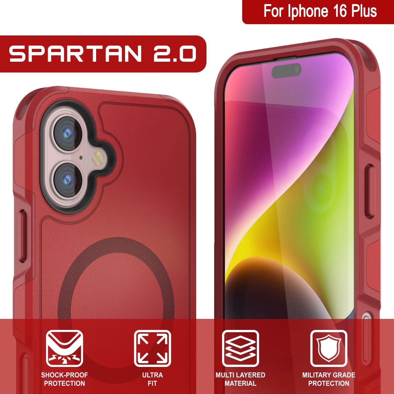 PunkCase iPhone 16 Plus Case, [Spartan 2.0 Series] Clear Rugged Heavy Duty Cover W/Built in Screen Protector [red]