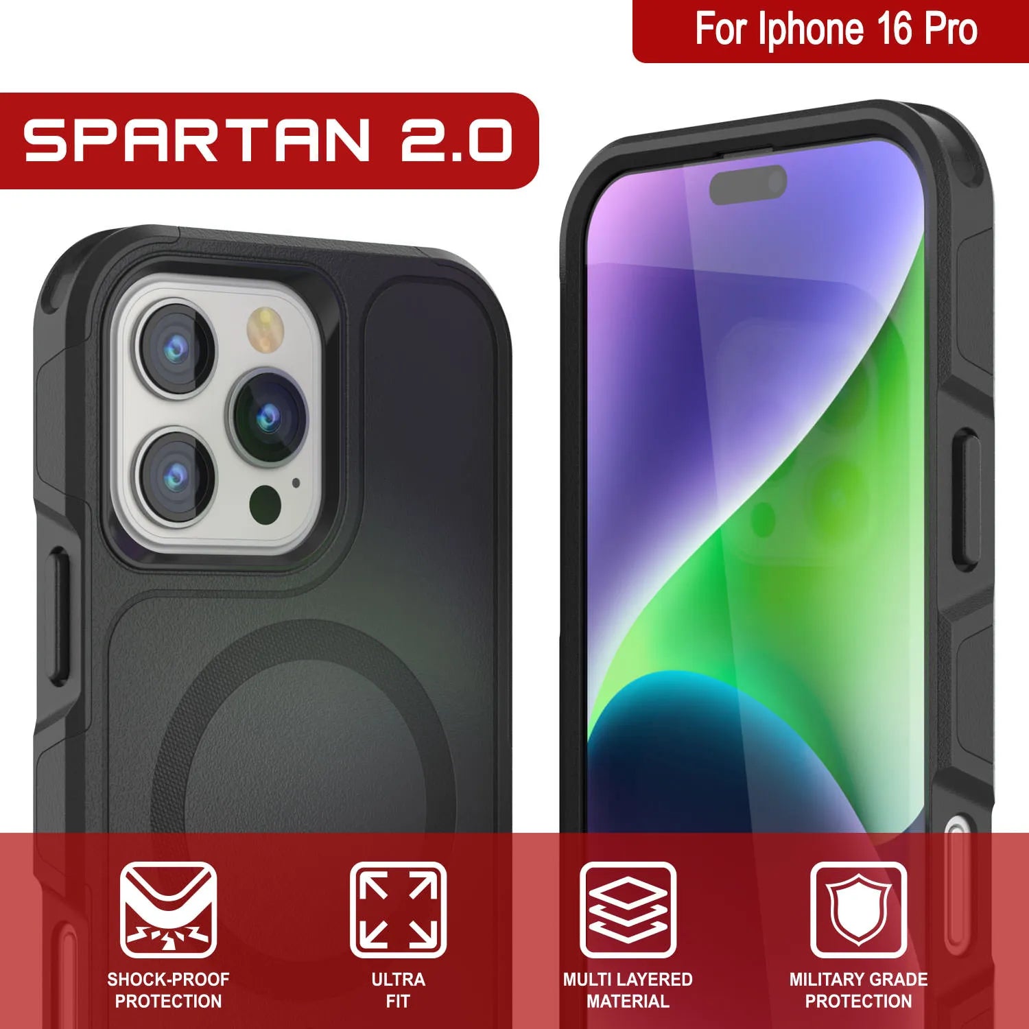 PunkCase iPhone 16 Pro Case, [Spartan 2.0 Series] Clear Rugged Heavy Duty Cover W/Built in Screen Protector [Black]