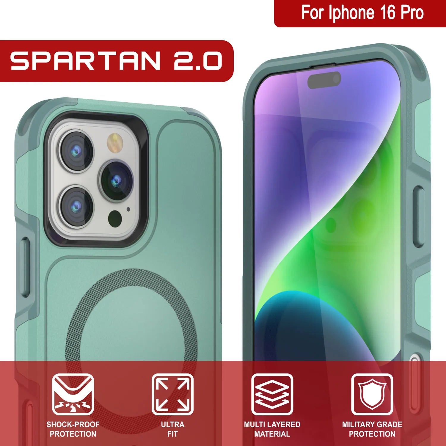 PunkCase iPhone 16 Pro Case, [Spartan 2.0 Series] Clear Rugged Heavy Duty Cover W/Built in Screen Protector [teal]