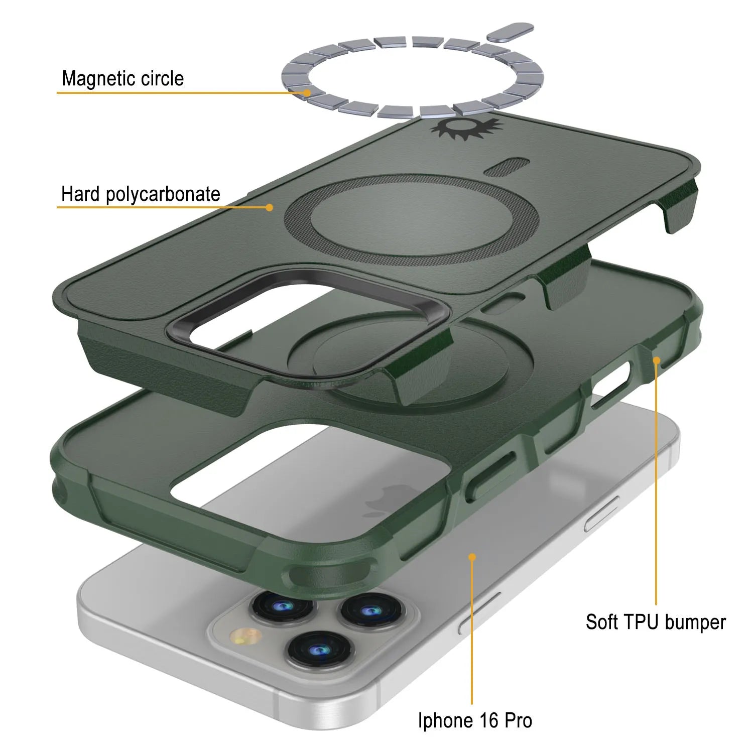 PunkCase iPhone 16 Pro Case, [Spartan 2.0 Series] Clear Rugged Heavy Duty Cover W/Built in Screen Protector [dark green]