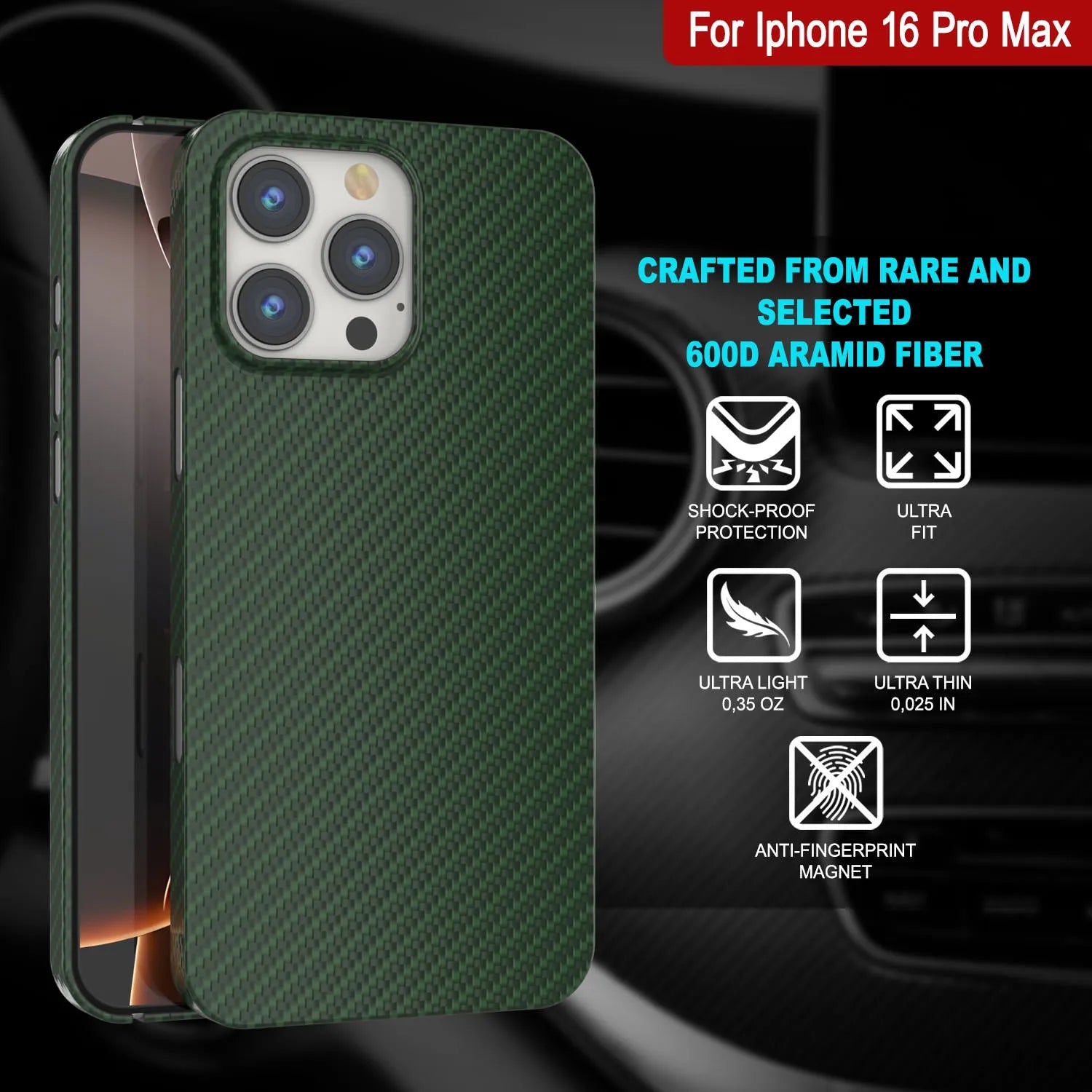 Punkcase iPhone 16 Pro Max Carbon Fiber Case [AramidShield Series] Ultra Slim & Light Kevlar [Green]