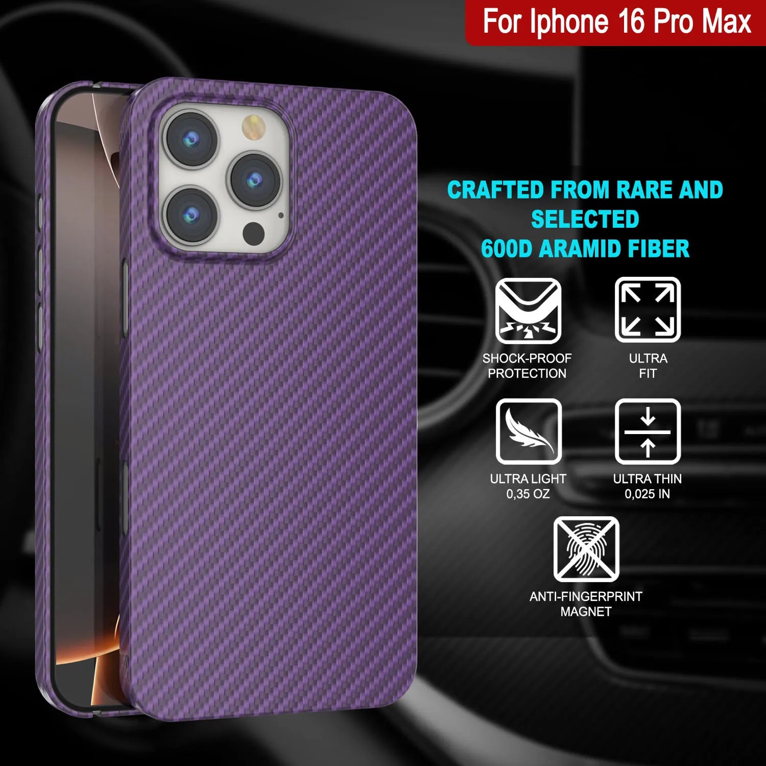 Punkcase iPhone 16 Pro Max Carbon Fiber Case [AramidShield Series] Ultra Slim & Light Kevlar [Purple]