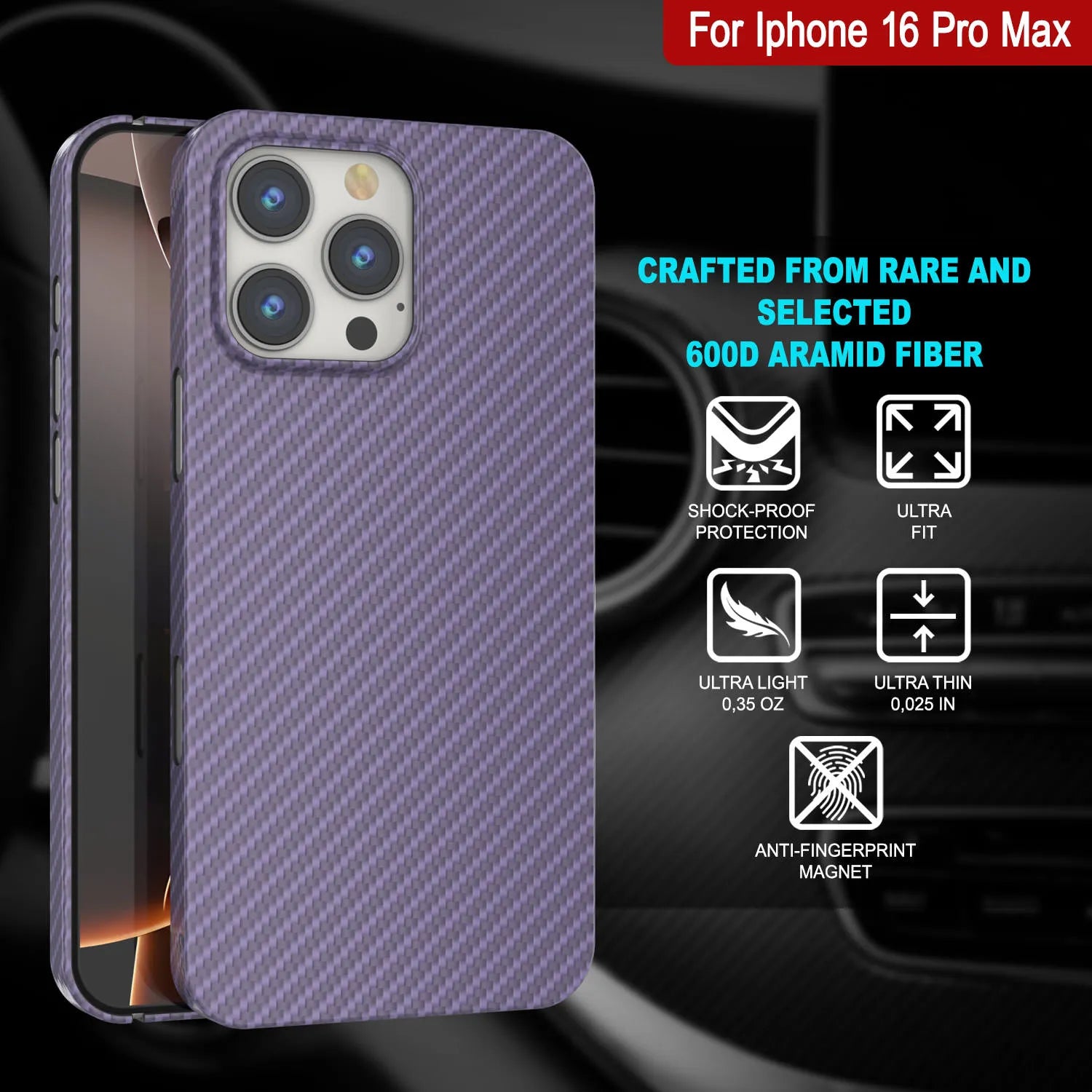 Punkcase iPhone 16 Pro Max Carbon Fiber Case [AramidShield Series] Ultra Slim & Light Kevlar [Lilac]