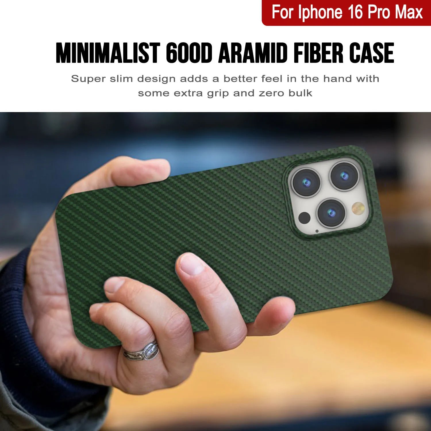 Punkcase iPhone 16 Pro Max Carbon Fiber Case [AramidShield Series] Ultra Slim & Light Kevlar [Green]