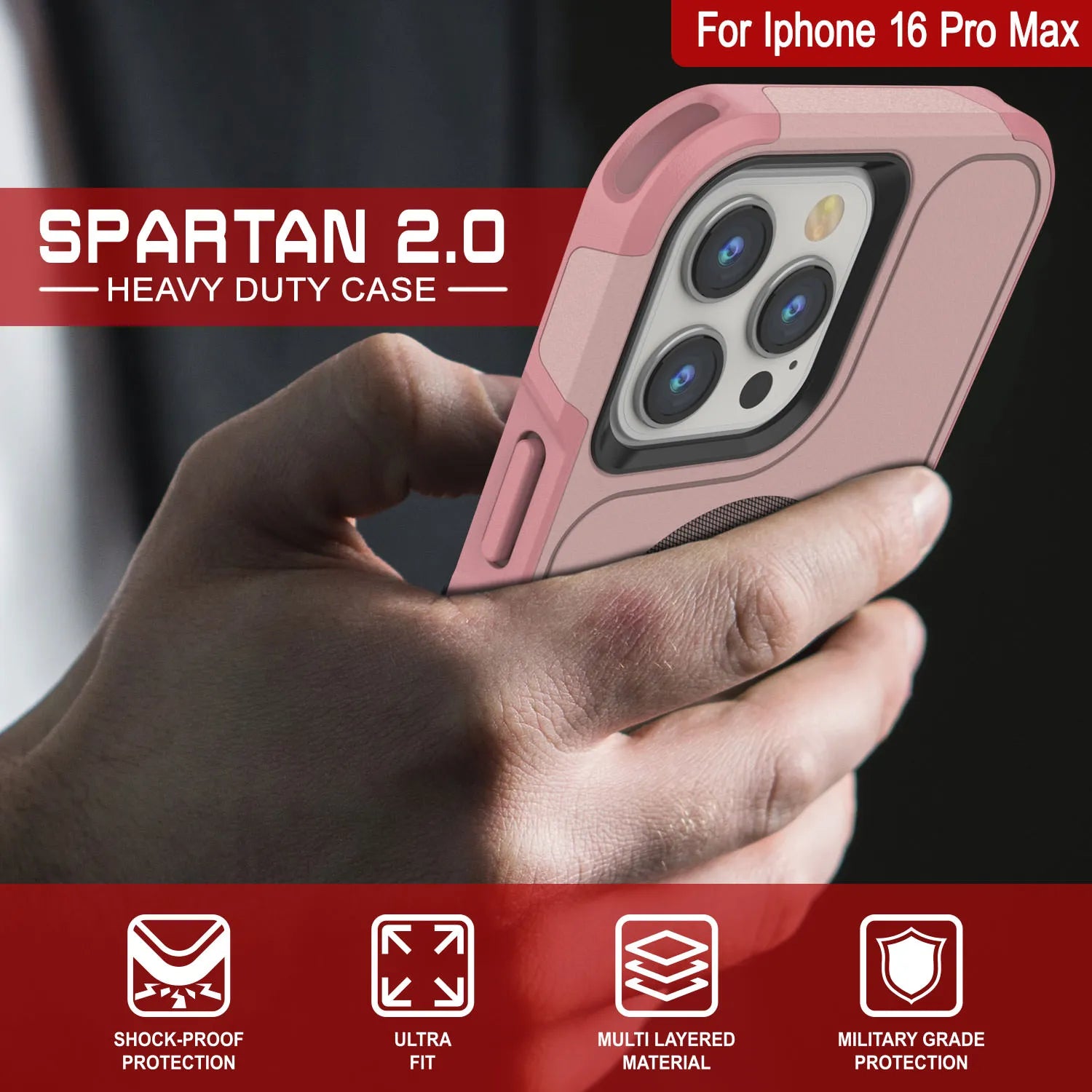 PunkCase iPhone 16 Pro Max Case, [Spartan 2.0 Series] Clear Rugged Heavy Duty Cover W/Built in Screen Protector [pink]