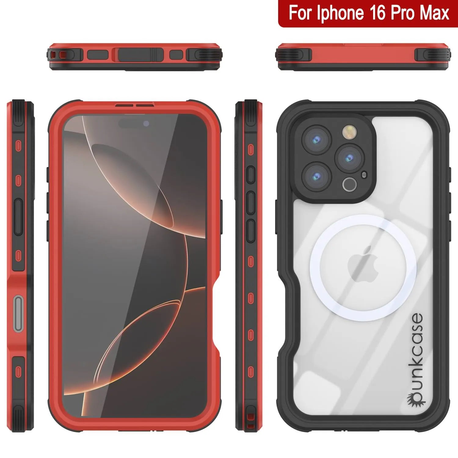 iPhone 16 Pro Max Waterproof IP68 Case, Punkcase [Red] [StudStar Series] [Slim Fit]