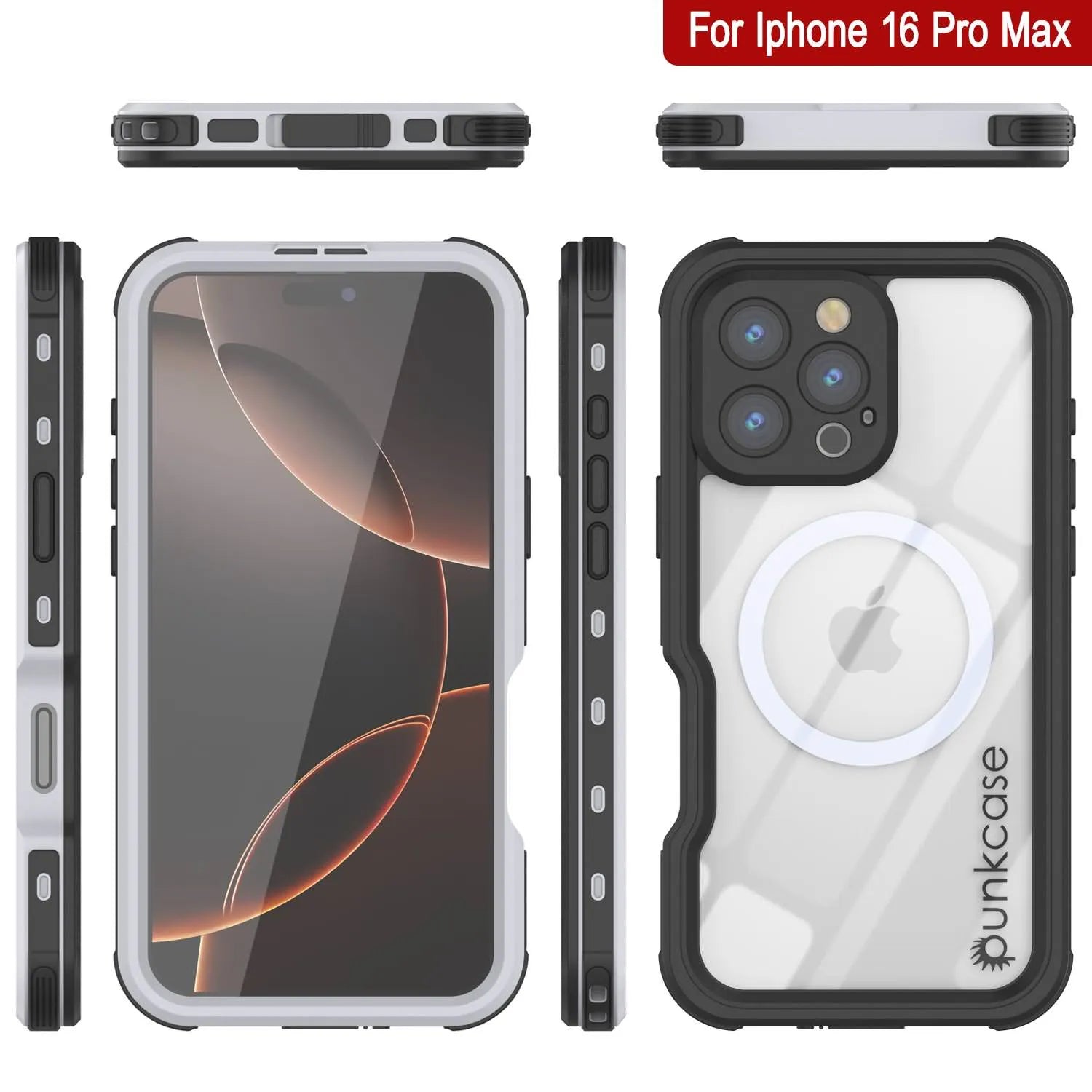 iPhone 16 Pro Max Waterproof IP68 Case, Punkcase [White] [StudStar Series] [Slim Fit] [Dirtproof]