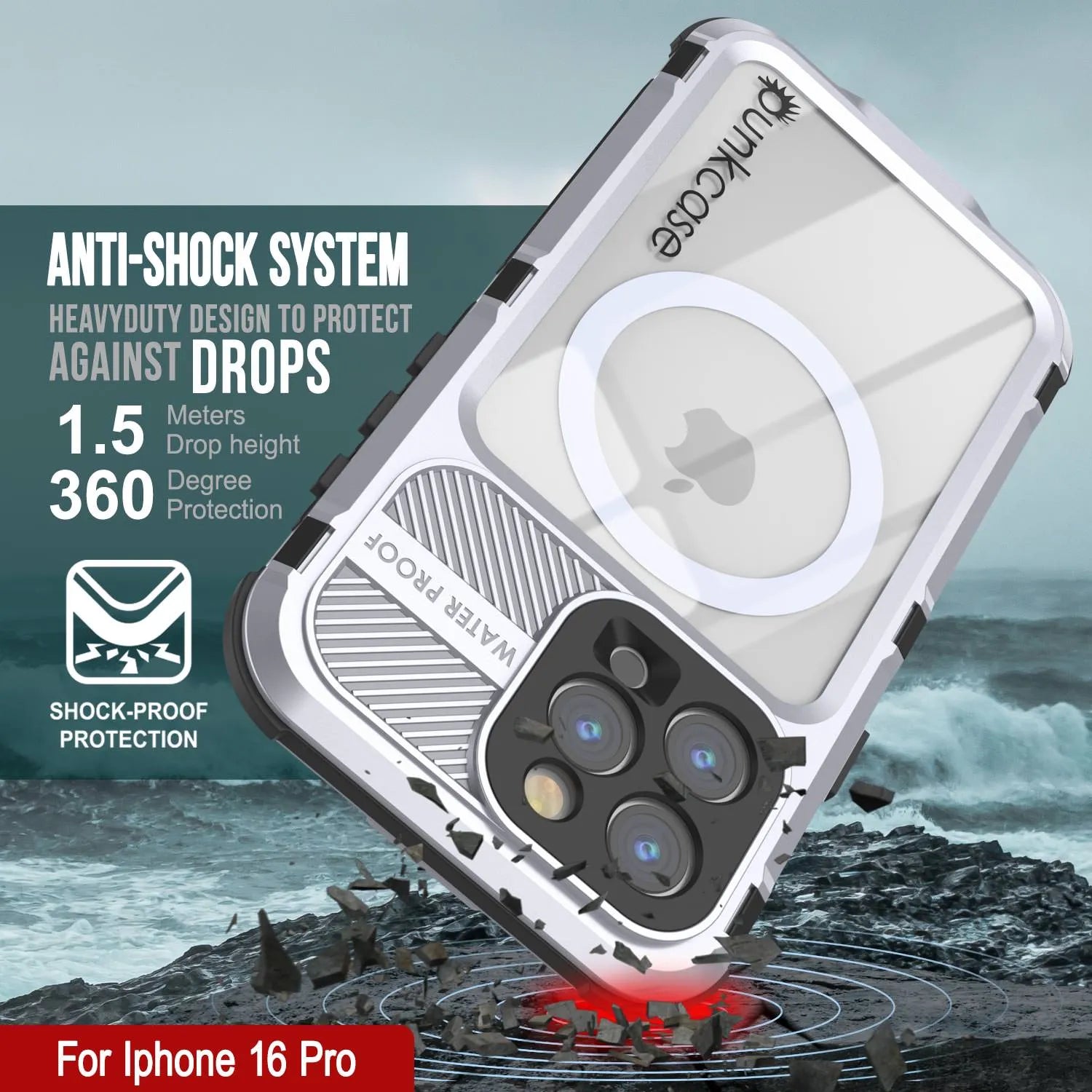 iPhone 16 Pro Metal Extreme 2.0 Series Aluminum Waterproof Case IP68 W/Buillt in Screen Protector [White]