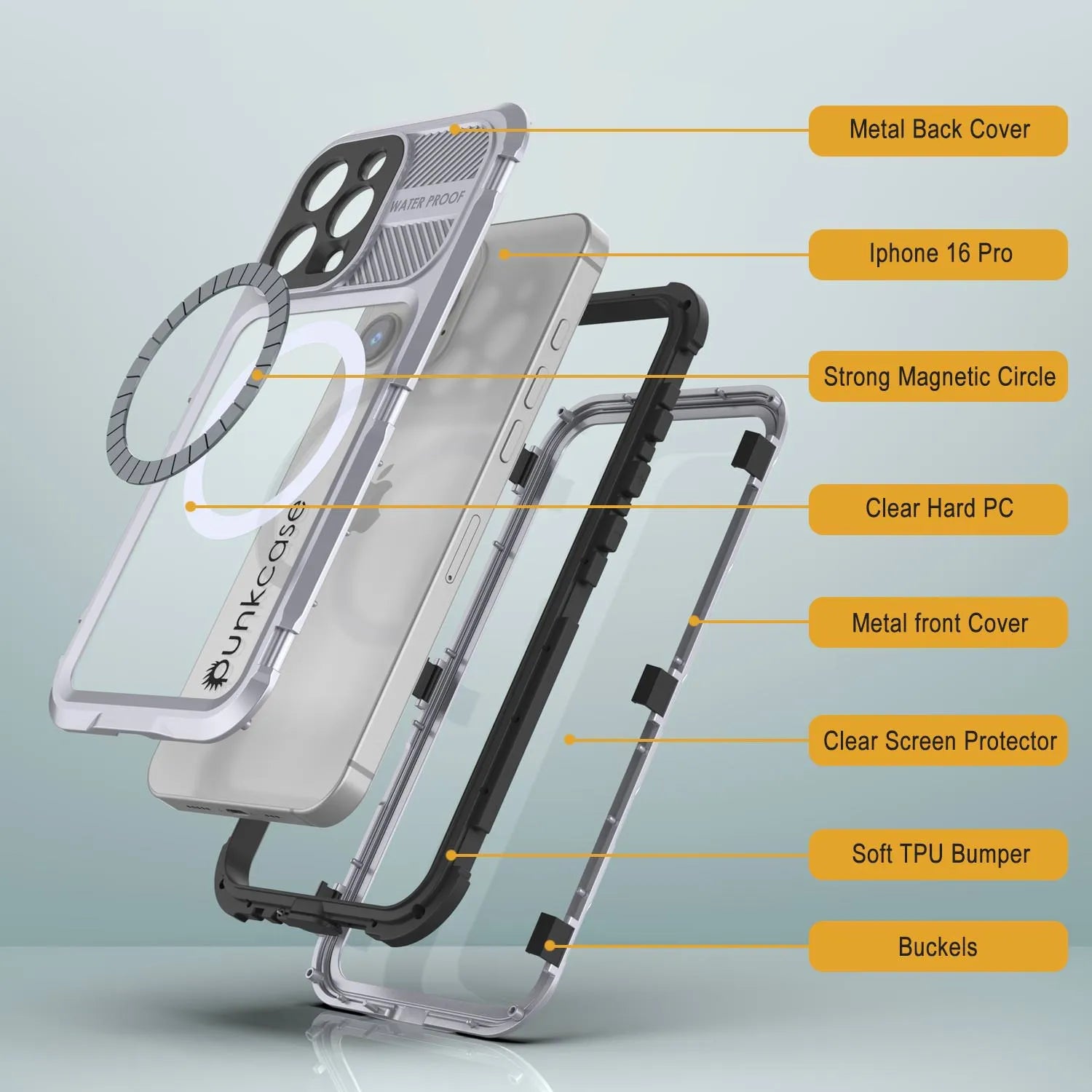 iPhone 16 Pro Metal Extreme 2.0 Series Aluminum Waterproof Case IP68 W/Buillt in Screen Protector [White]