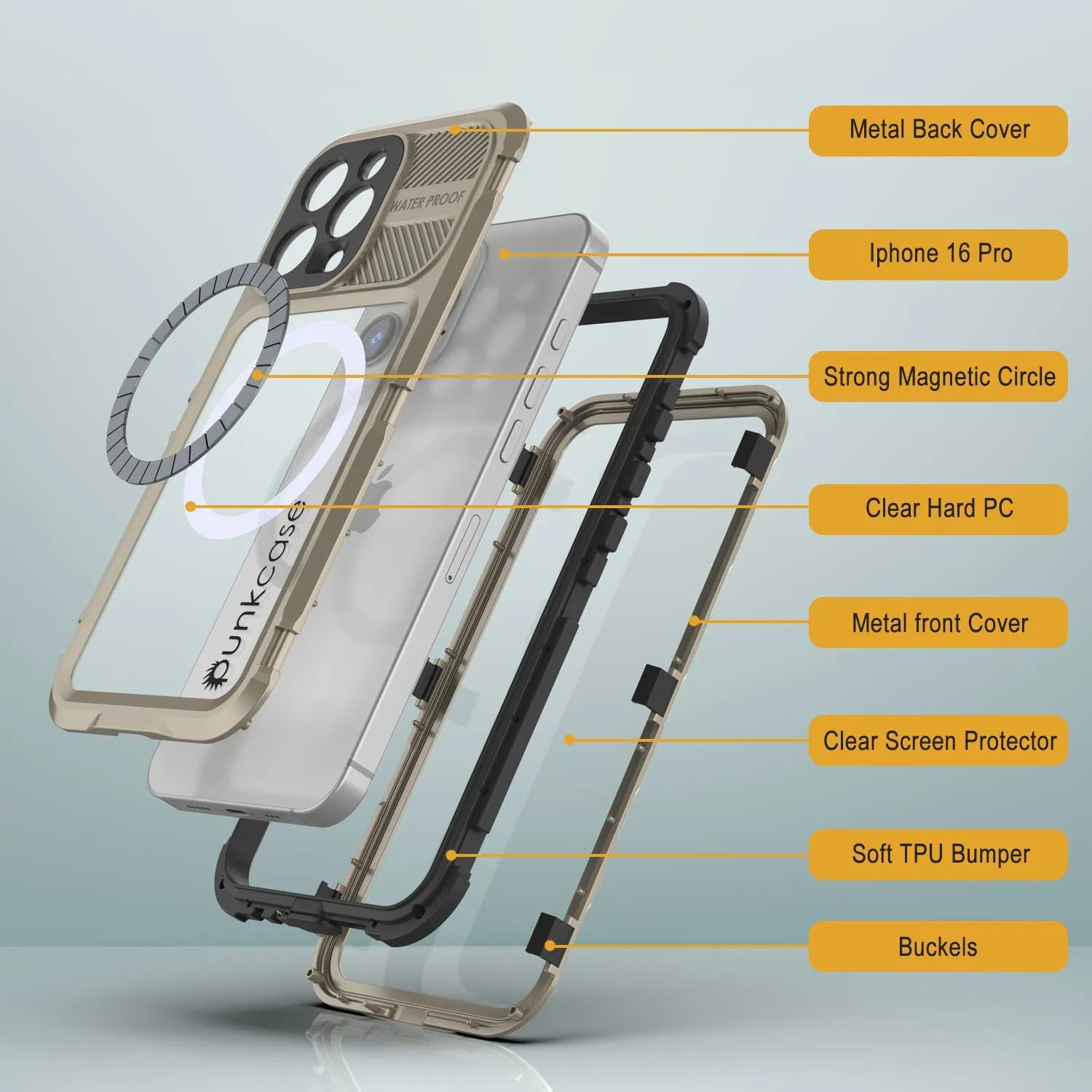 iPhone 16 Pro Metal Extreme 2.0 Series Aluminum Waterproof Case IP68 W/Buillt in Screen Protector [Gold]