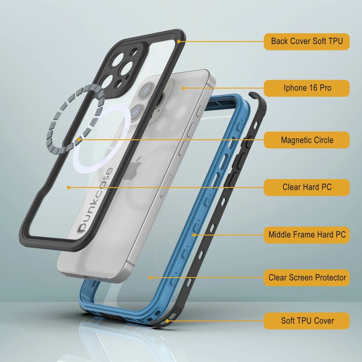 iPhone 16 Pro Waterproof IP68 Case, Punkcase [Light blue] [StudStar Series] [Slim Fit] [Dirtproof]