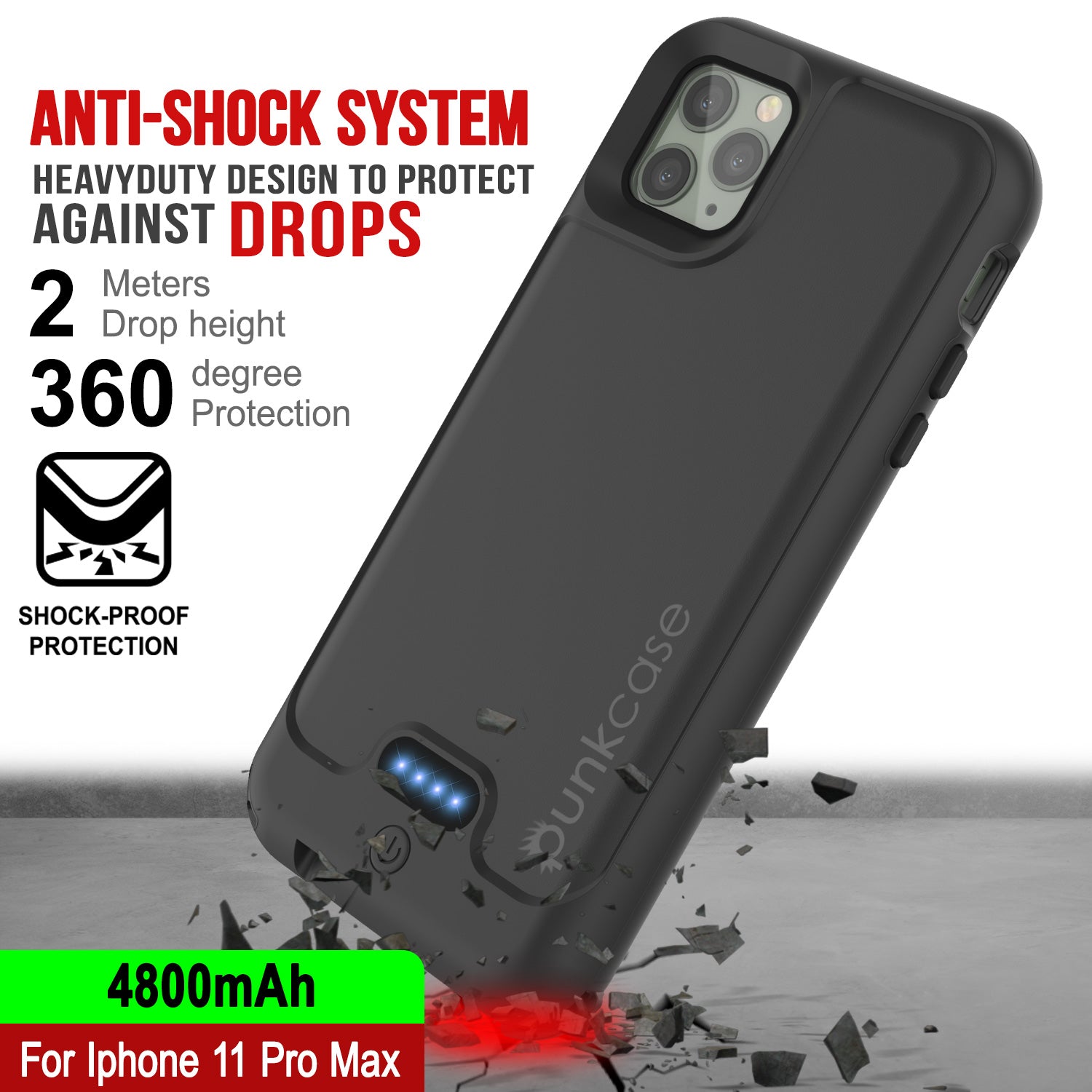 PunkJuice iPhone 11 Pro Max Battery Case | Waterproof Slim 4800mAh [Black]